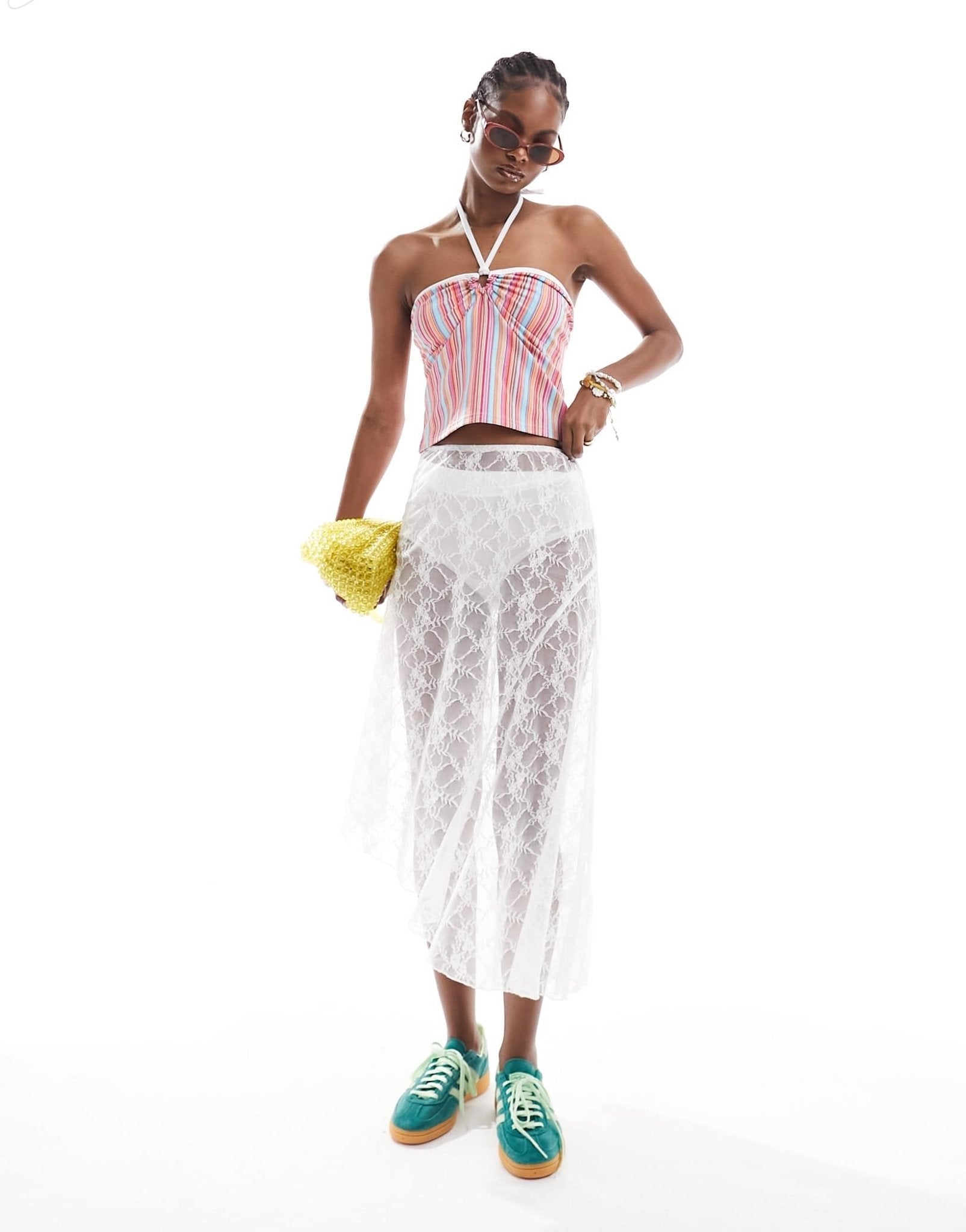 Daisy Street halter neck strappy Y2K crop top in bright stripe - ASOS Sample Sale