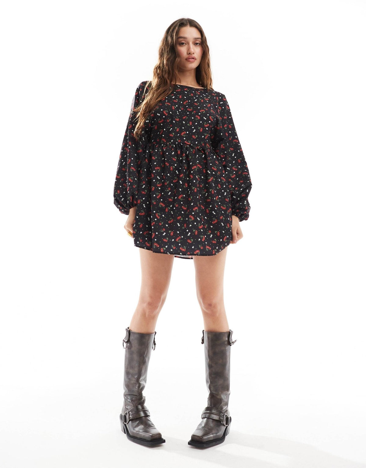 Daisy Street long sleeve smock mini dress in cherry print - ASOS Sample Sale
