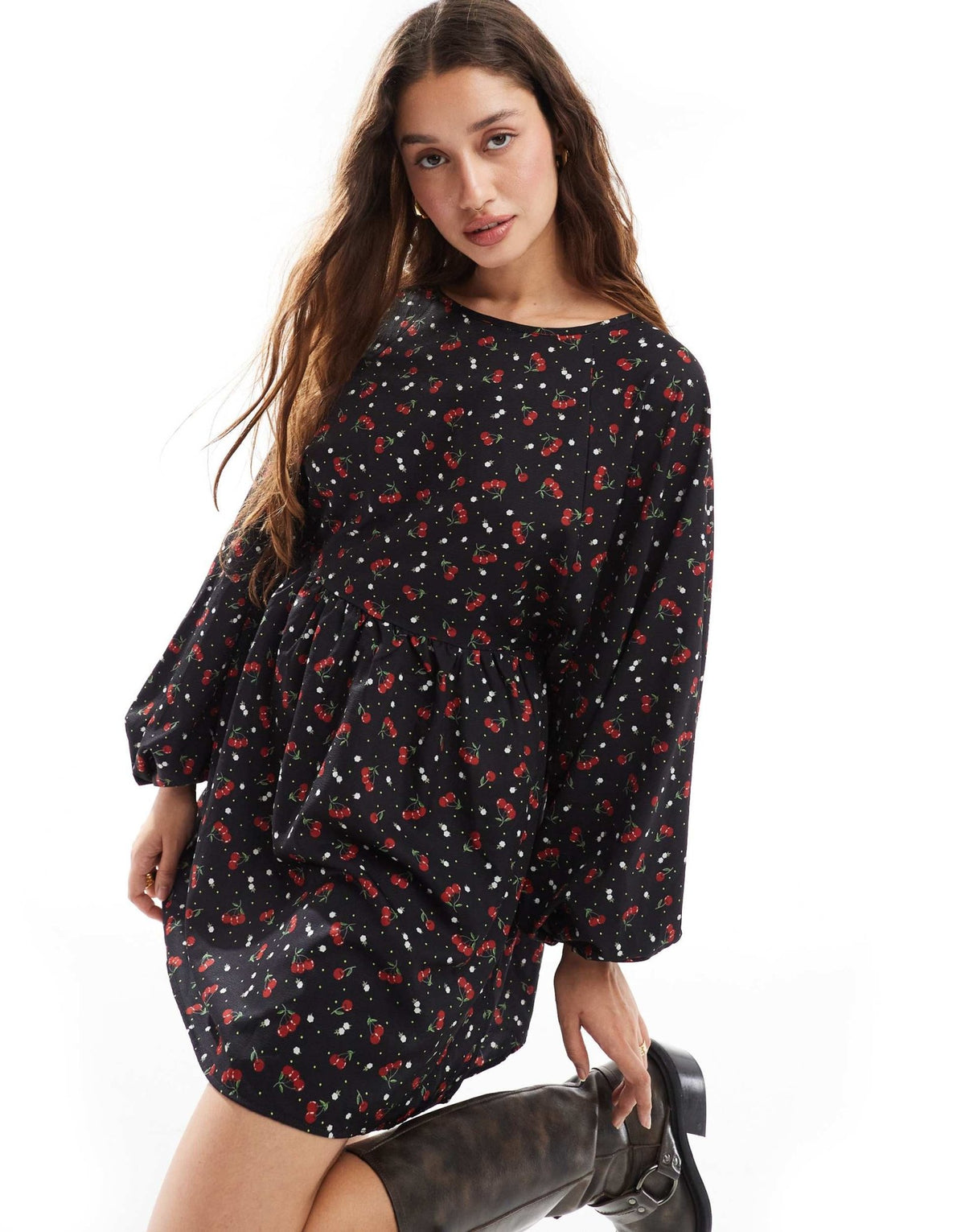 Daisy Street long sleeve smock mini dress in cherry print - ASOS Sample Sale