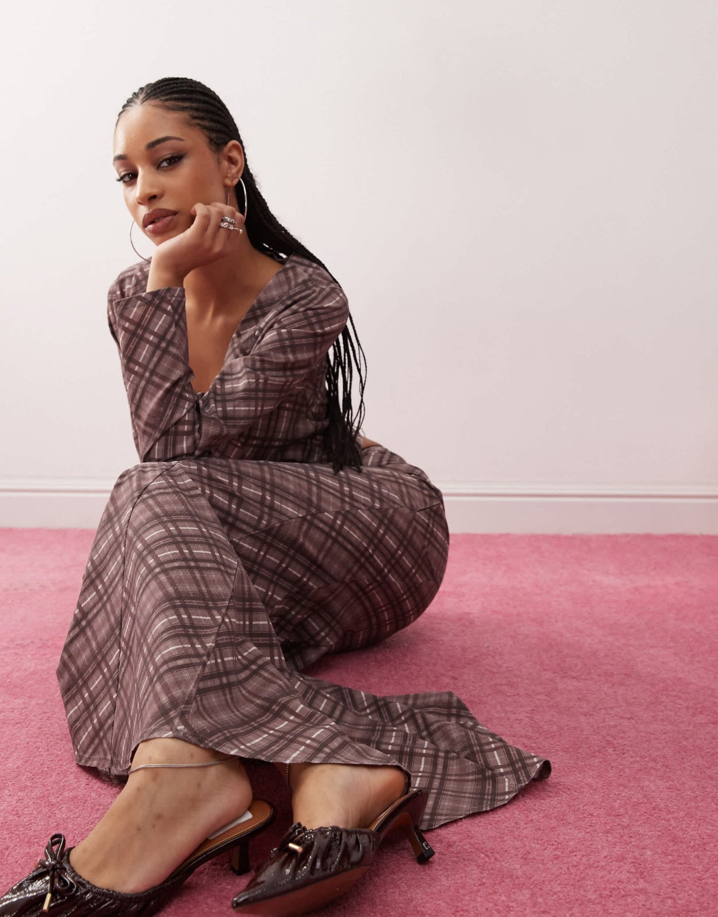 Daisy Street midaxi low rise skirt in burgundy check co - ord - ASOS Sample Sale