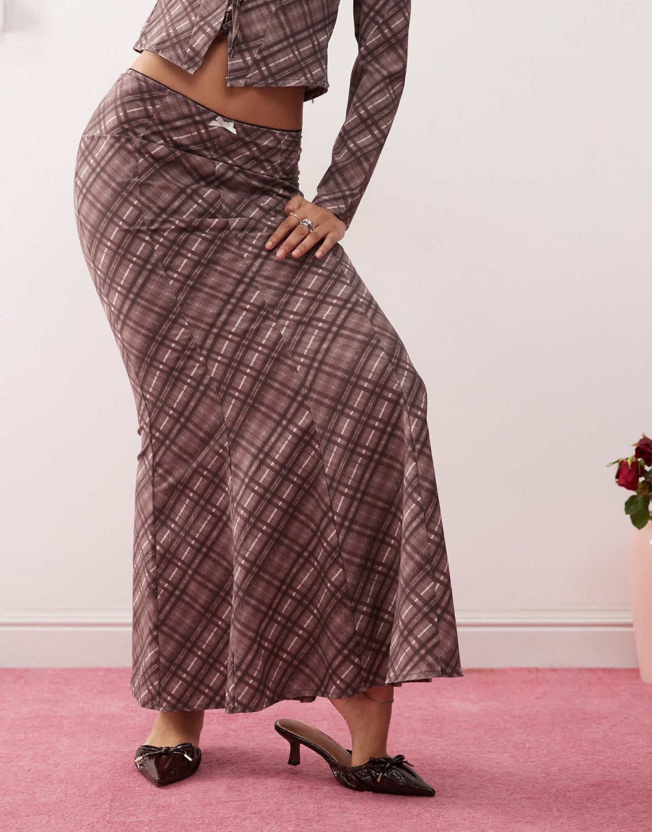 Daisy Street midaxi low rise skirt in burgundy check co - ord - ASOS Sample Sale