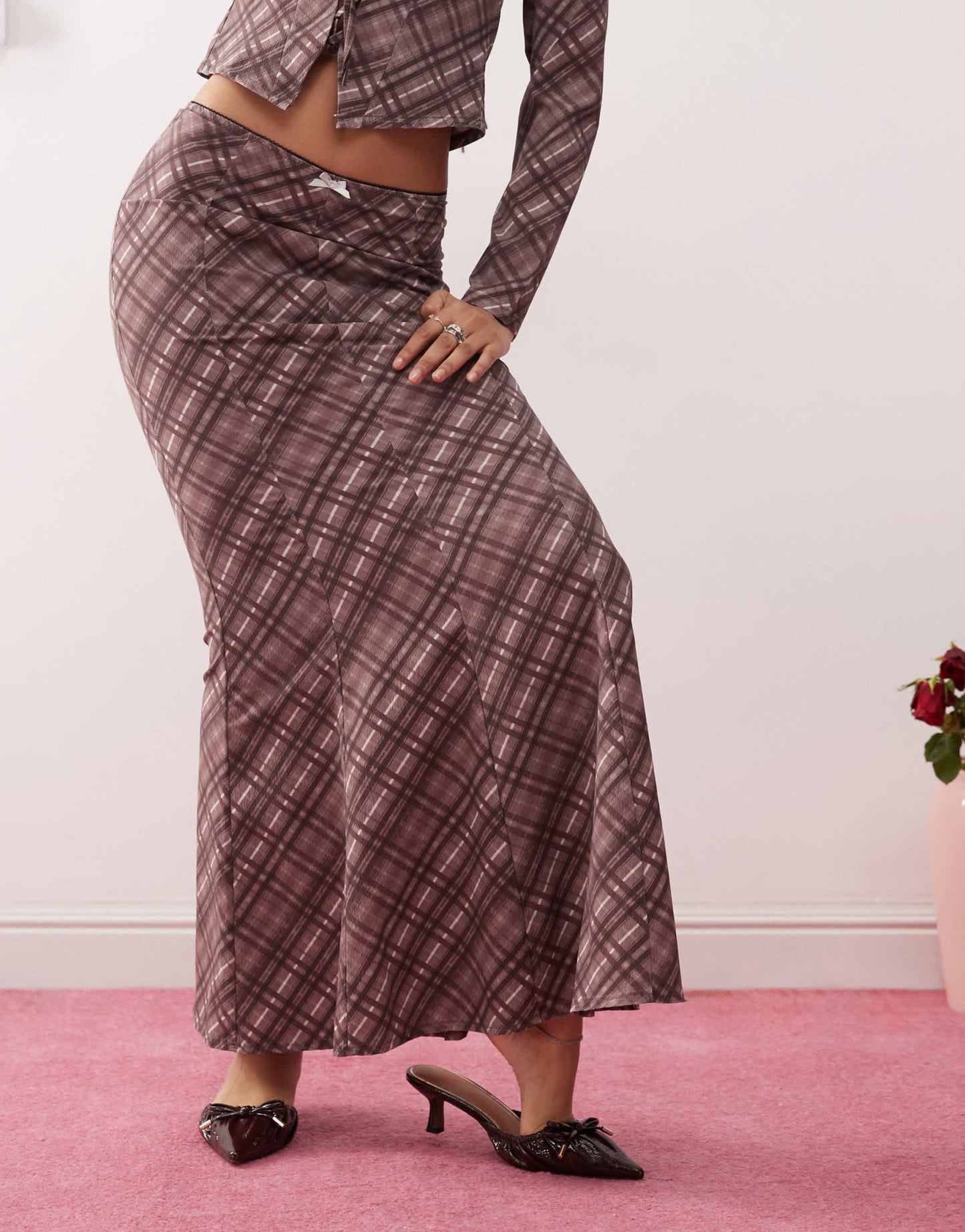 Daisy Street midaxi low rise skirt in burgundy check co - ord - ASOS Sample Sale