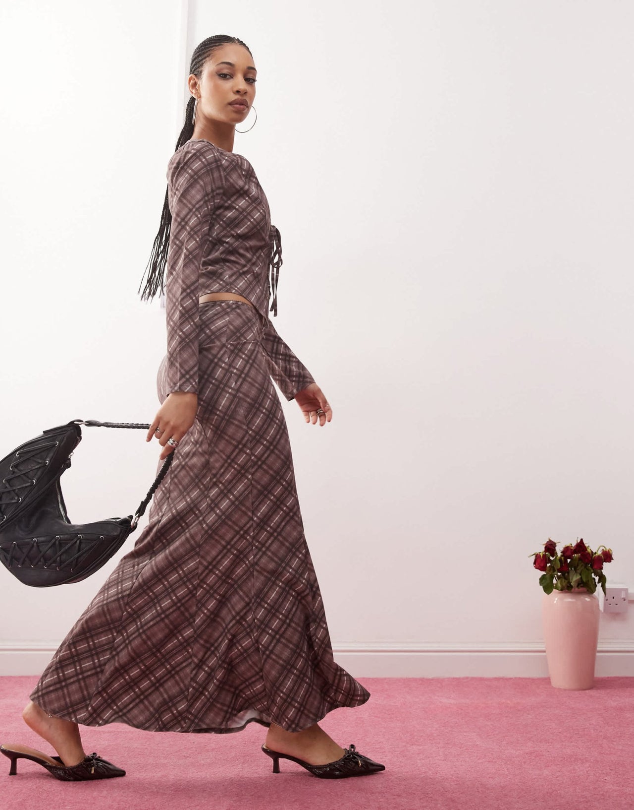 Daisy Street midaxi low rise skirt in burgundy check co - ord - ASOS Sample Sale