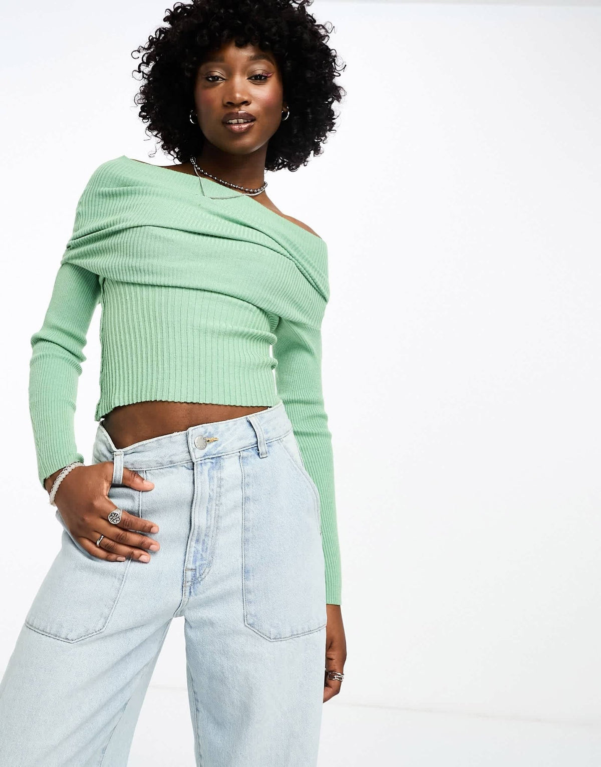 Daisy Street off shoulder fitted jumper in green knit - ASOS Sample Sale