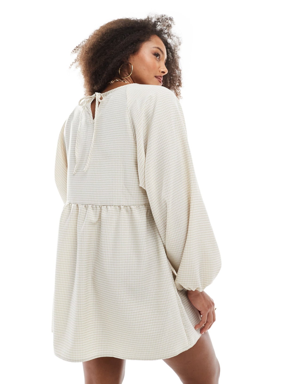 Daisy Street oversized long sleeve smock mini dress in washed sand check - ASOS Sample Sale