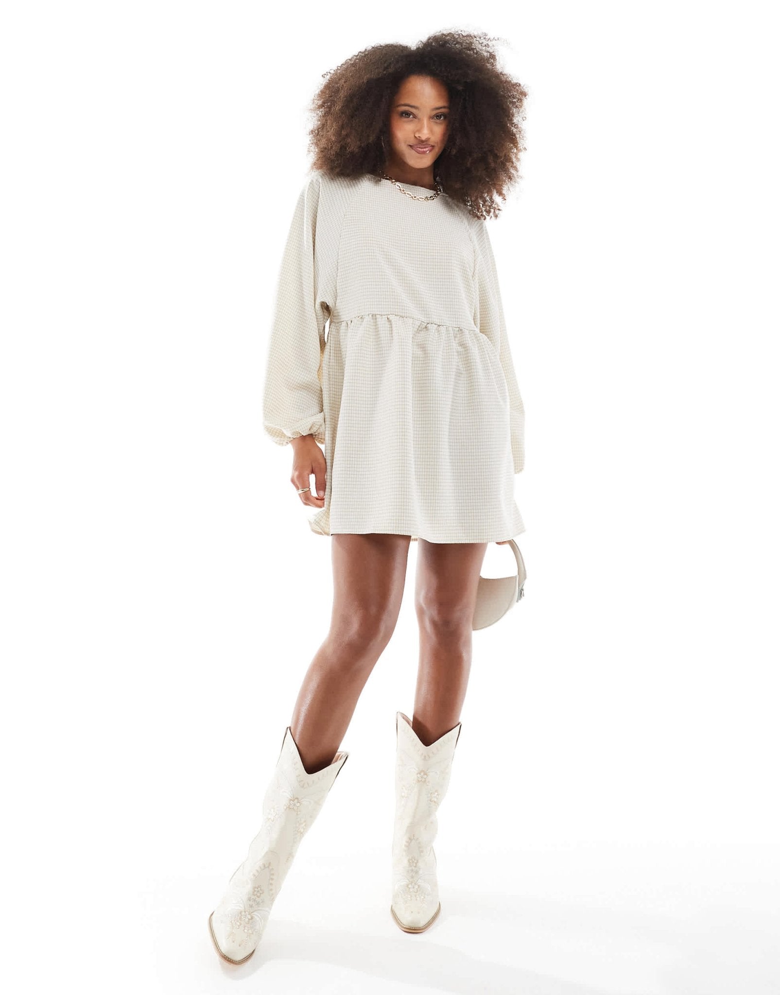 Daisy Street oversized long sleeve smock mini dress in washed sand check - ASOS Sample Sale