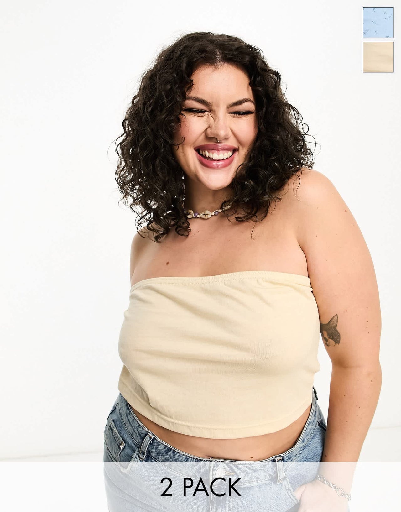 Daisy Street Plus 2 pack bandeau crop top in blue ditsy and stone - ASOS Sample Sale