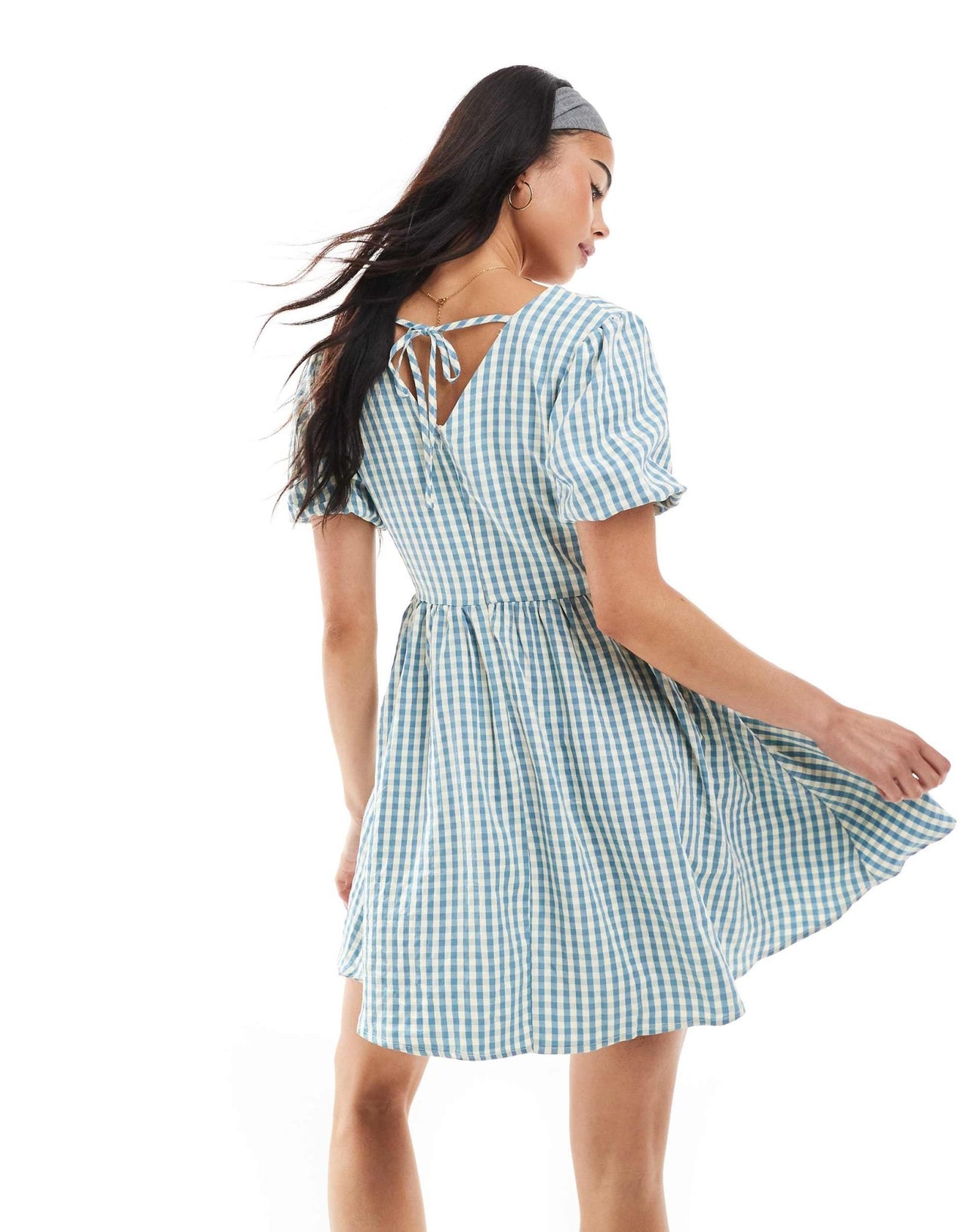 Daisy Street puff sleeve tie waist mini dress in blue check - ASOS Sample Sale