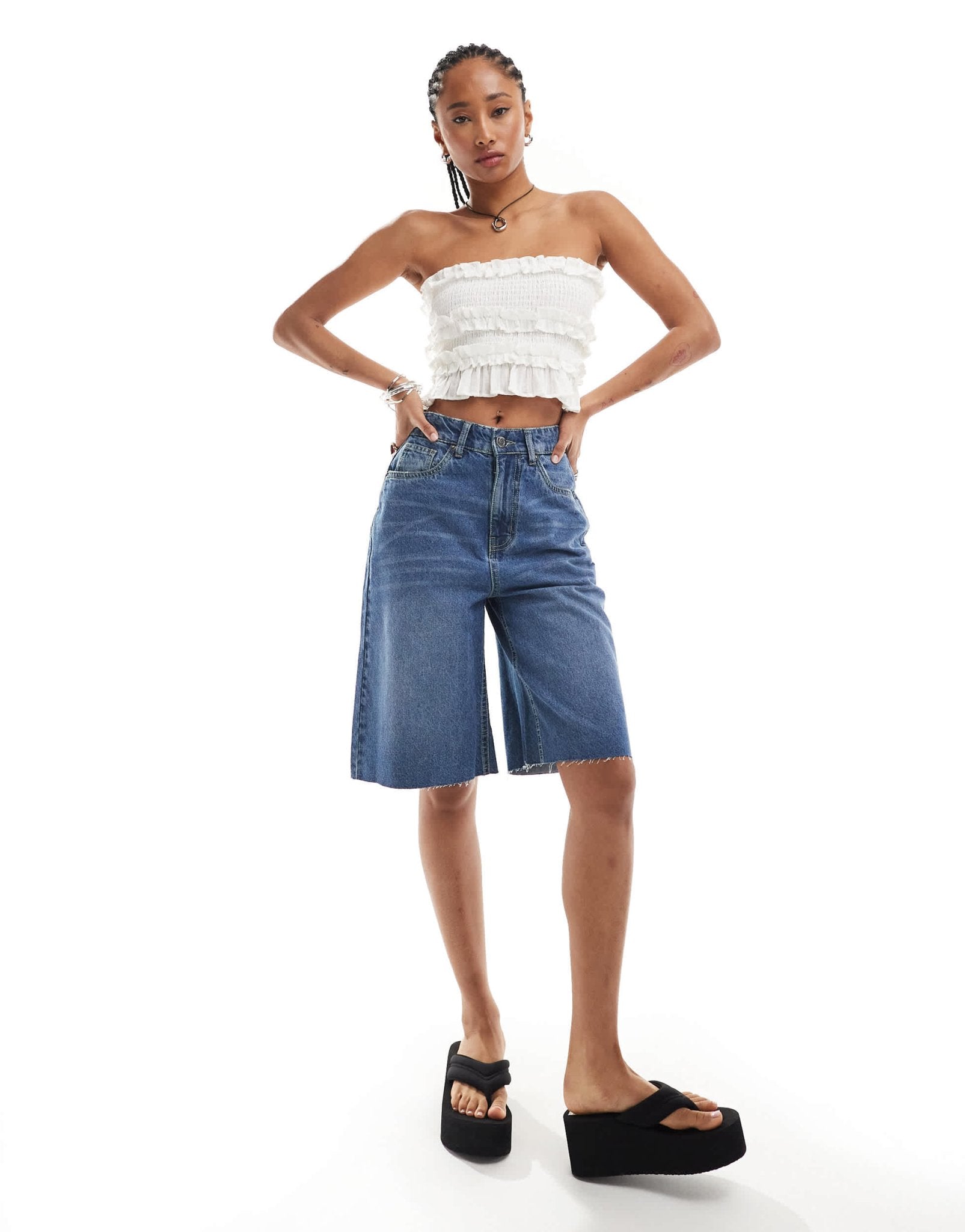 Daisy Street relaxed denim jorts in mid blue - ASOS Sample Sale