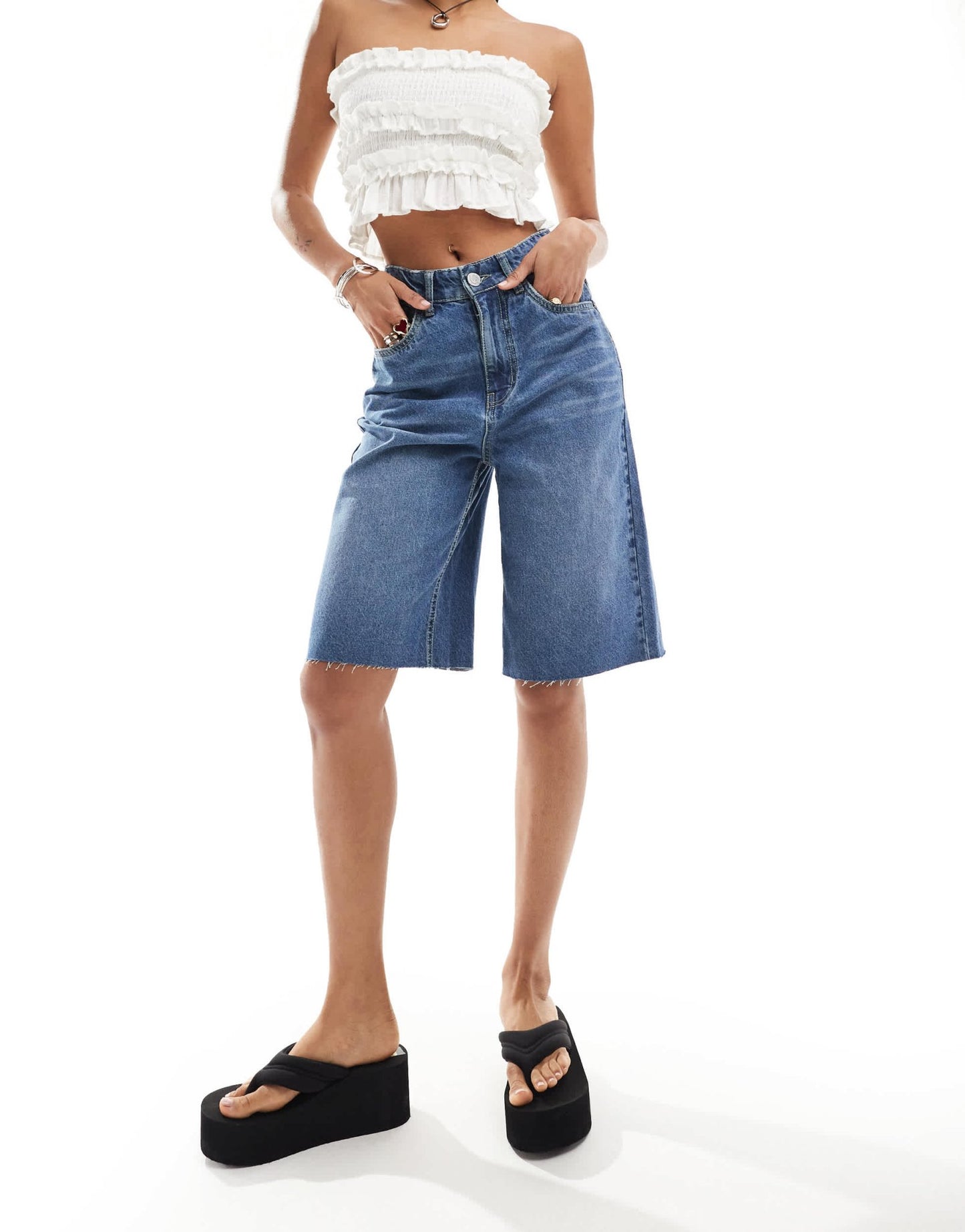 Daisy Street relaxed denim jorts in mid blue - ASOS Sample Sale