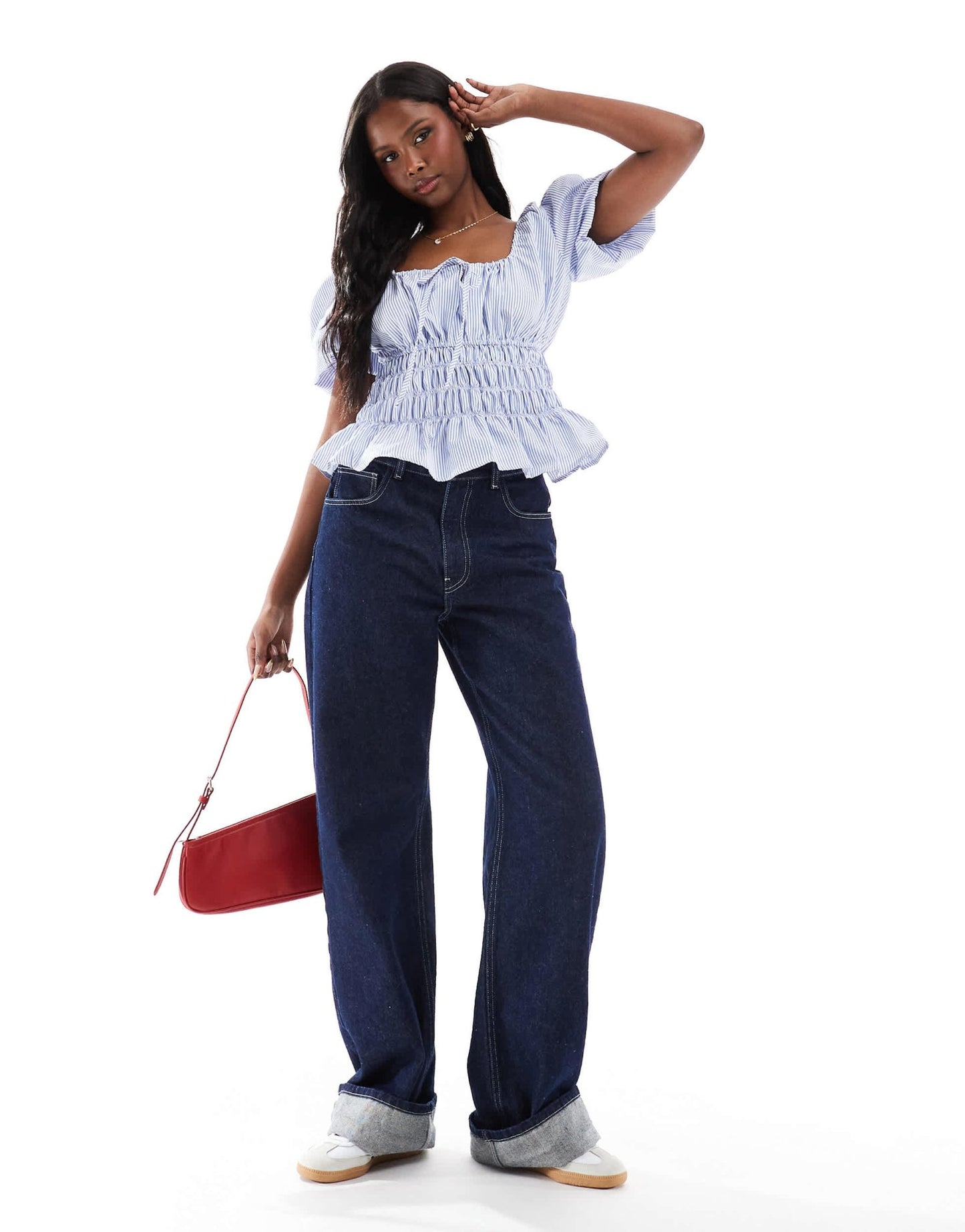 Daisy Street shirred off shoulder puff sleeve top in blue stripe - ASOS Sample Sale