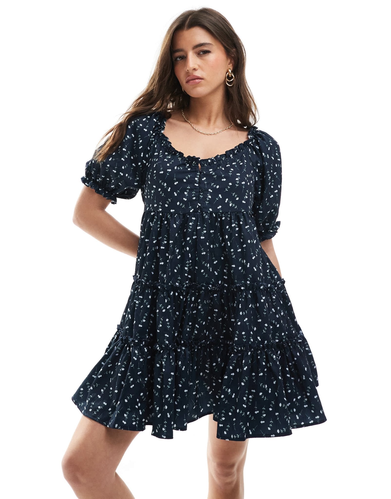 Daisy Street smock tiered mini dress in navy floral - ASOS Sample Sale