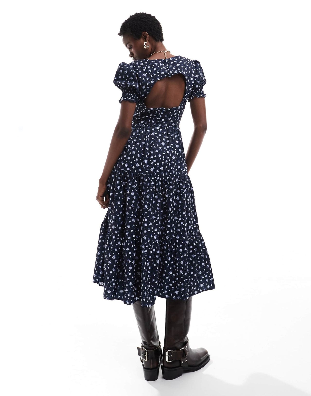 Daisy Street v neck midi tea dress in navy white ditsy - ASOS Sample Sale