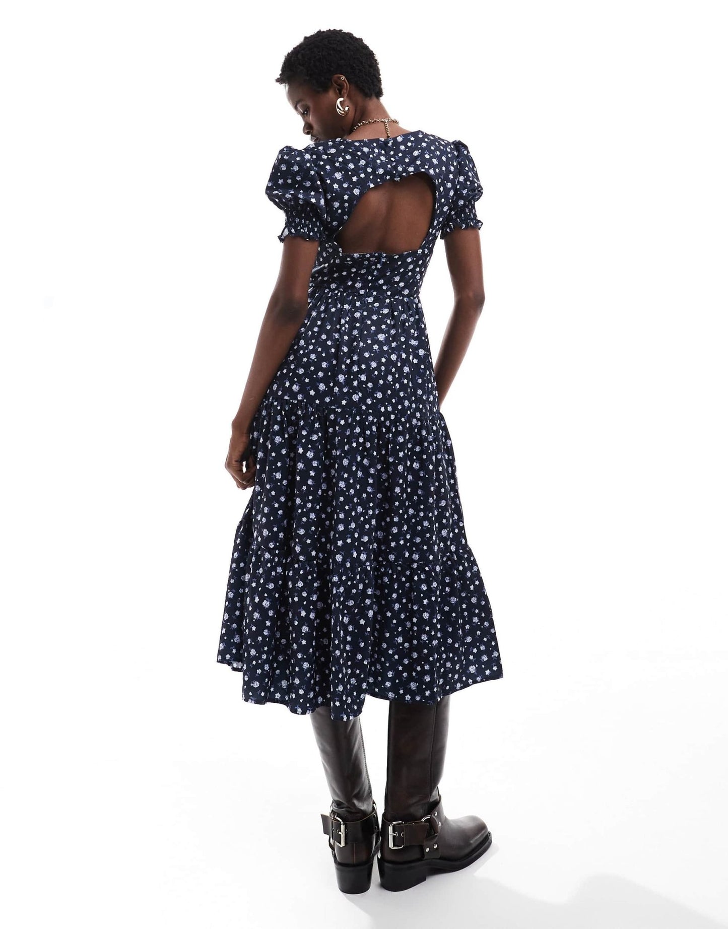 Daisy Street v neck midi tea dress in navy white ditsy - ASOS Sample Sale