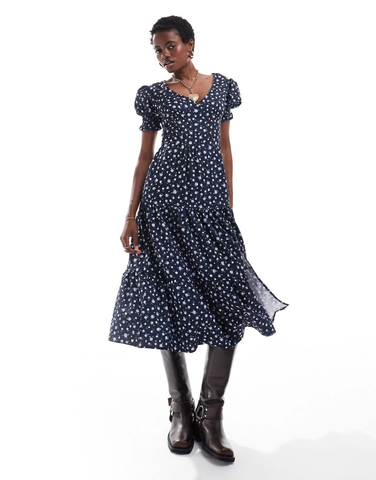 Daisy Street v neck midi tea dress in navy white ditsy - ASOS Sample Sale