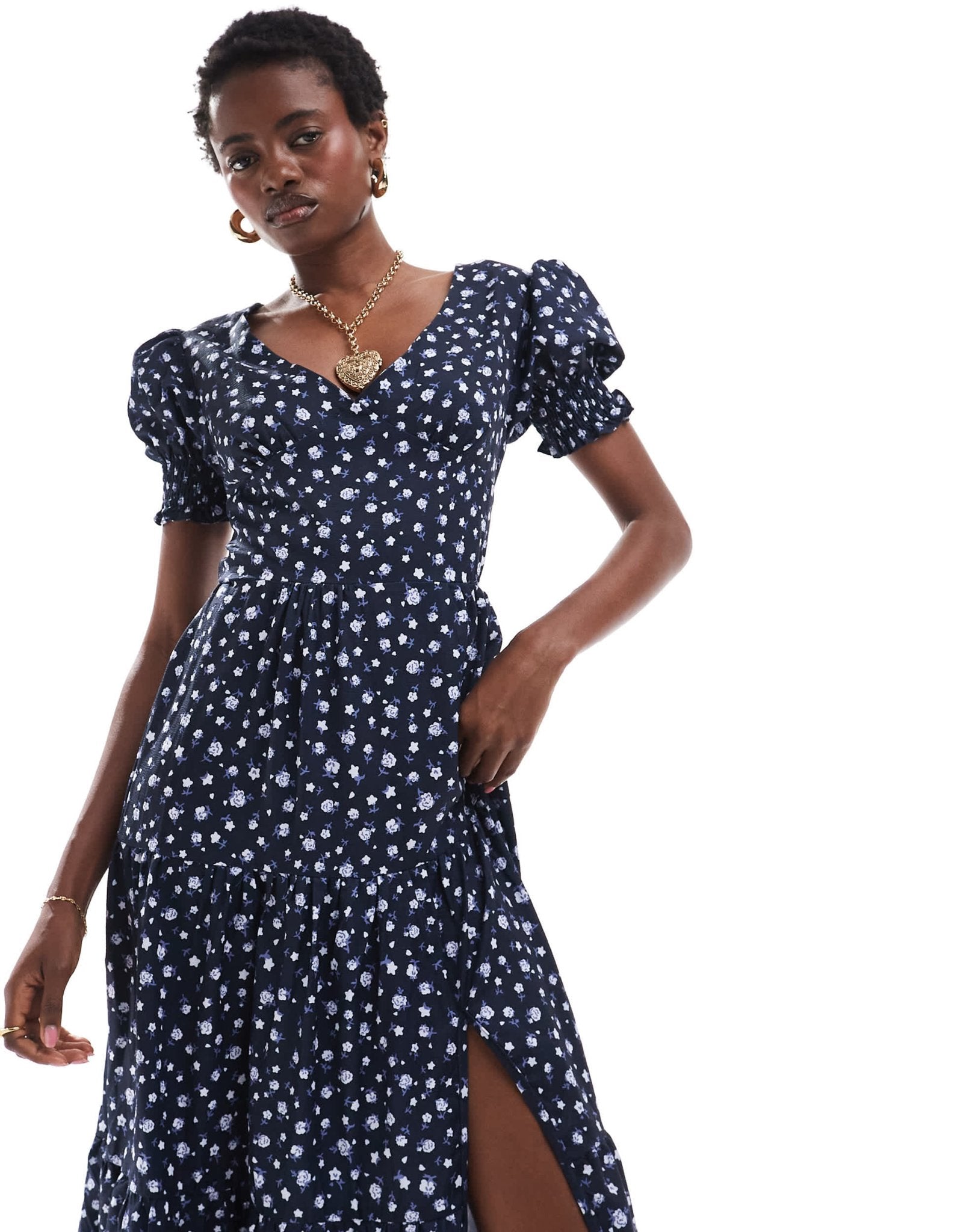 Daisy Street v neck midi tea dress in navy white ditsy - ASOS Sample Sale