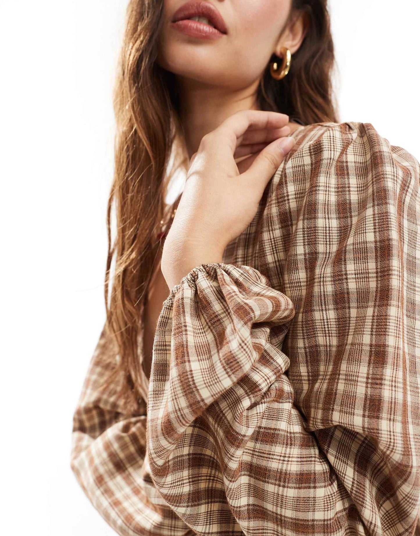 Daisy Street v neck smock mini dress in camel check - ASOS Sample Sale