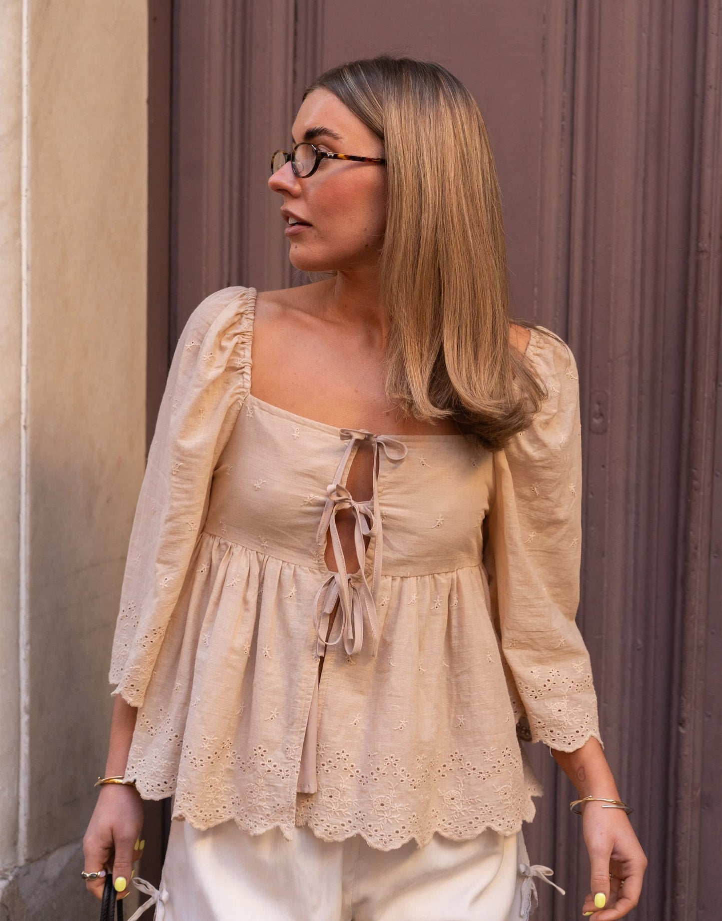 Daisy Street x Molly Mcfarlane square neck cutwork babydoll blouse in natural - ASOS Sample Sale