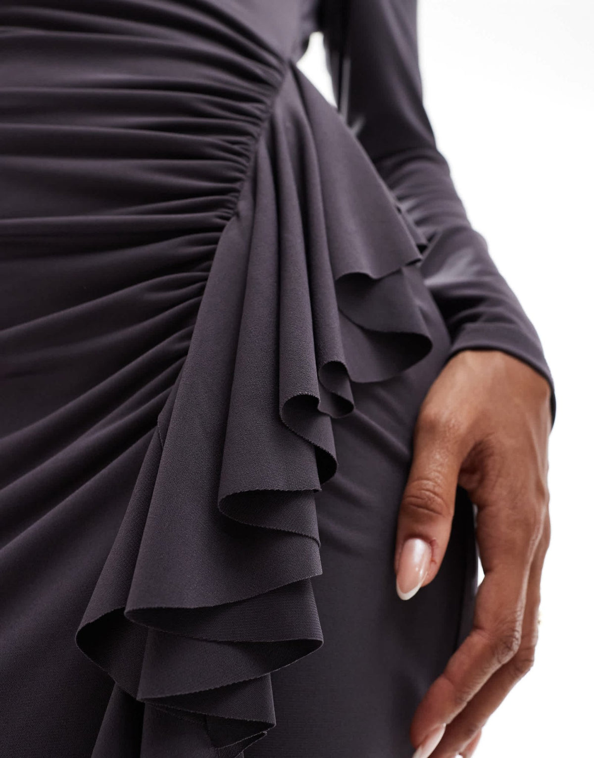 Daska drape front maxi dress with frill detail in charcoal - ASOS Sample Sale