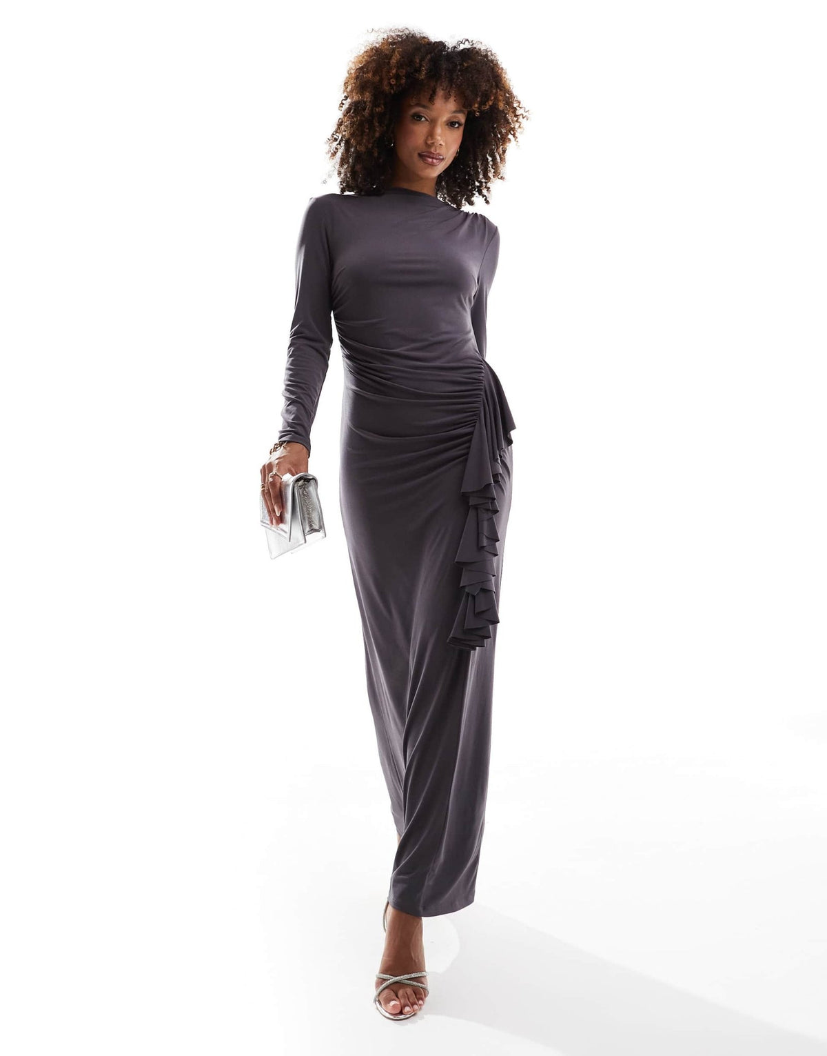 Daska drape front maxi dress with frill detail in charcoal - ASOS Sample Sale