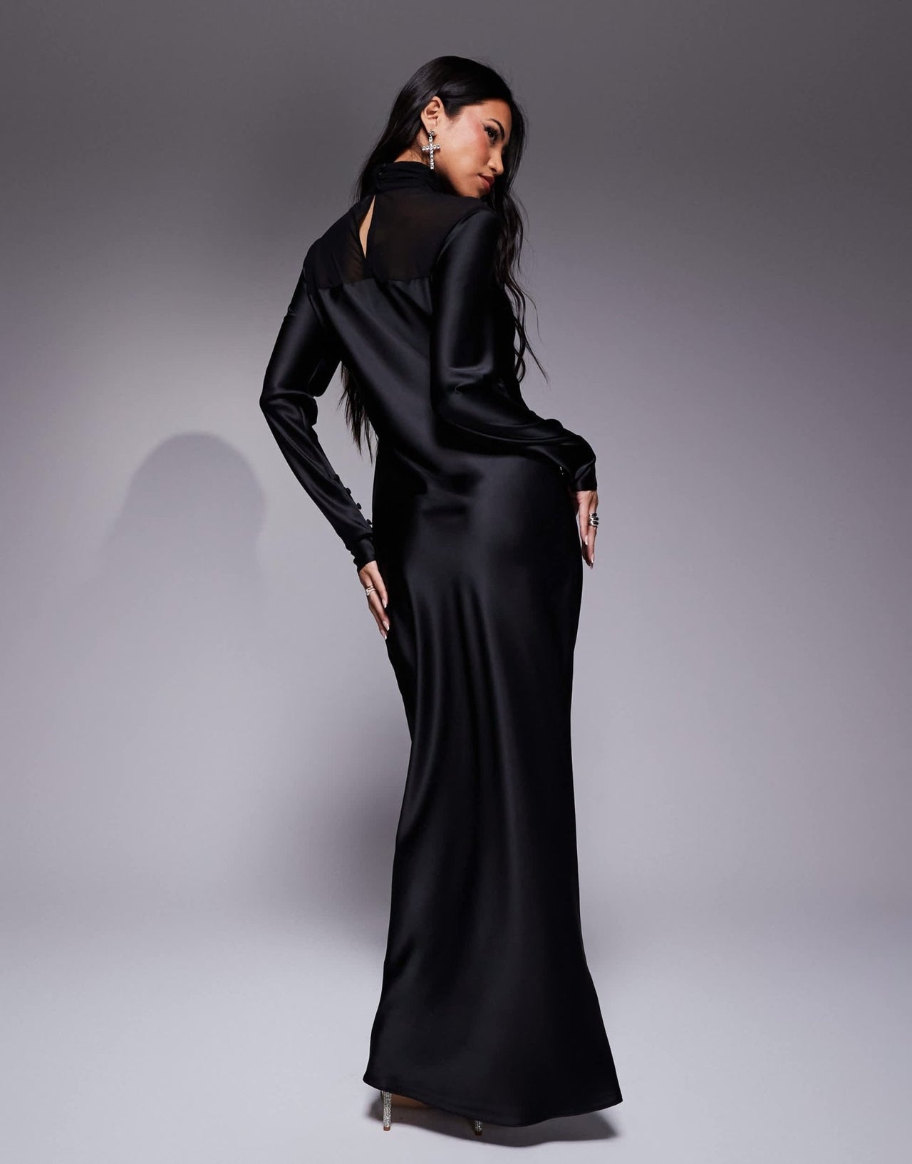 Daska high neck satin dress with sheer details in black - ASOS Sample Sale