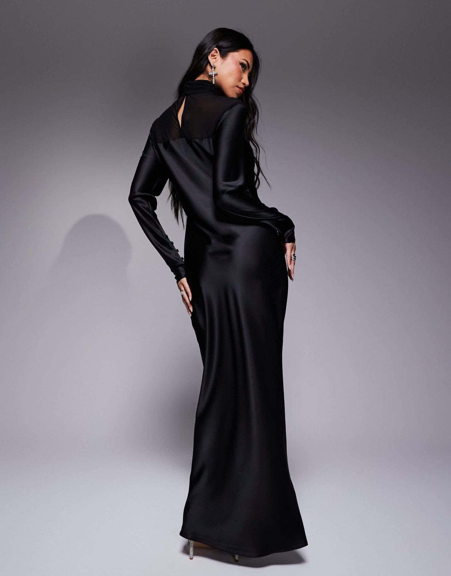 Daska high neck satin dress with sheer details in black - ASOS Sample Sale