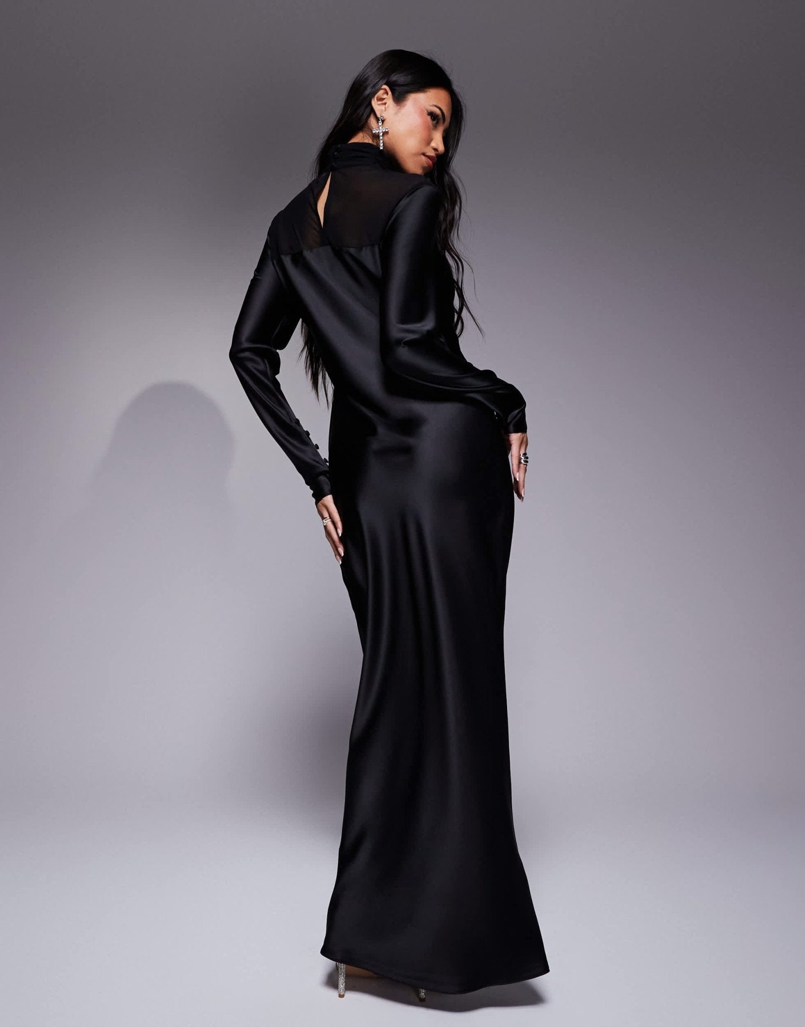 Daska high neck satin dress with sheer details in black - ASOS Sample Sale