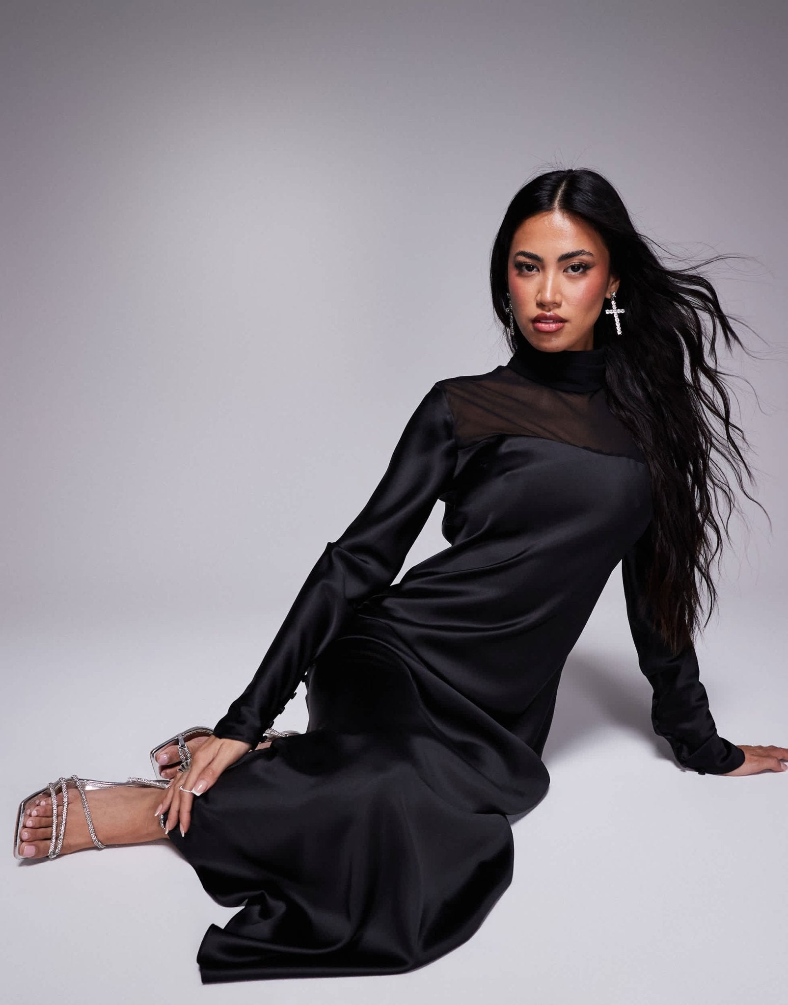 Daska high neck satin dress with sheer details in black - ASOS Sample Sale