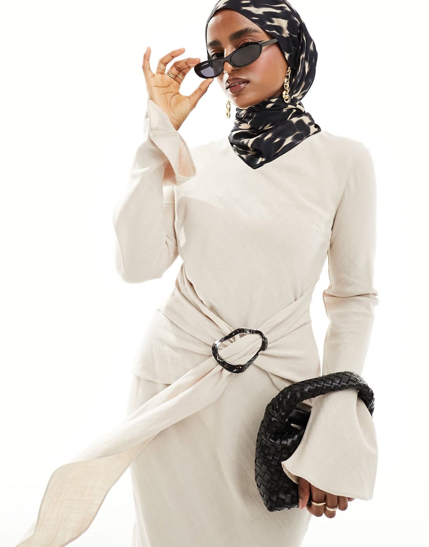 Daska long sleeve maxi dress with fluted hem and belt detail in cream - ASOS Sample Sale
