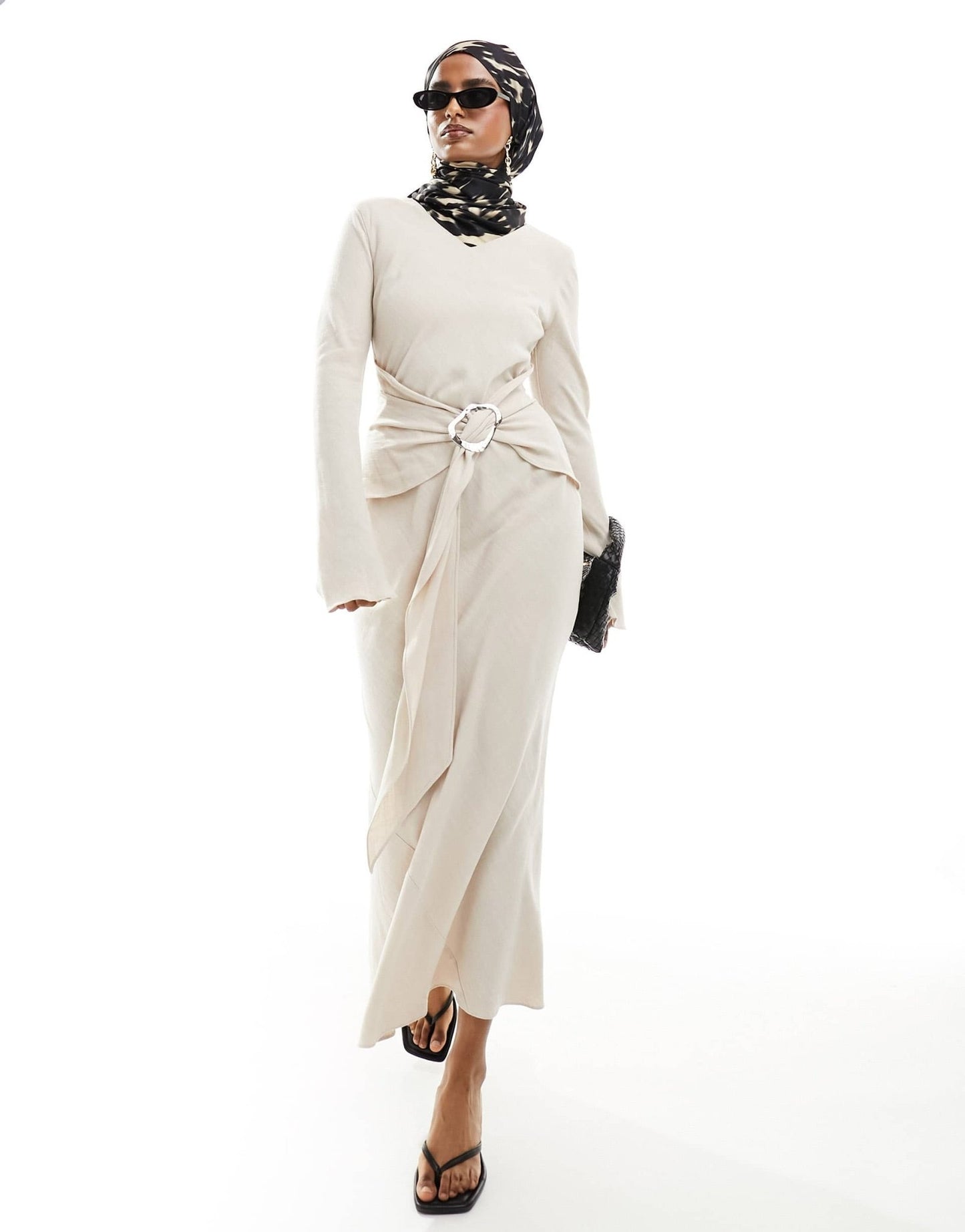 Daska long sleeve maxi dress with fluted hem and belt detail in cream - ASOS Sample Sale