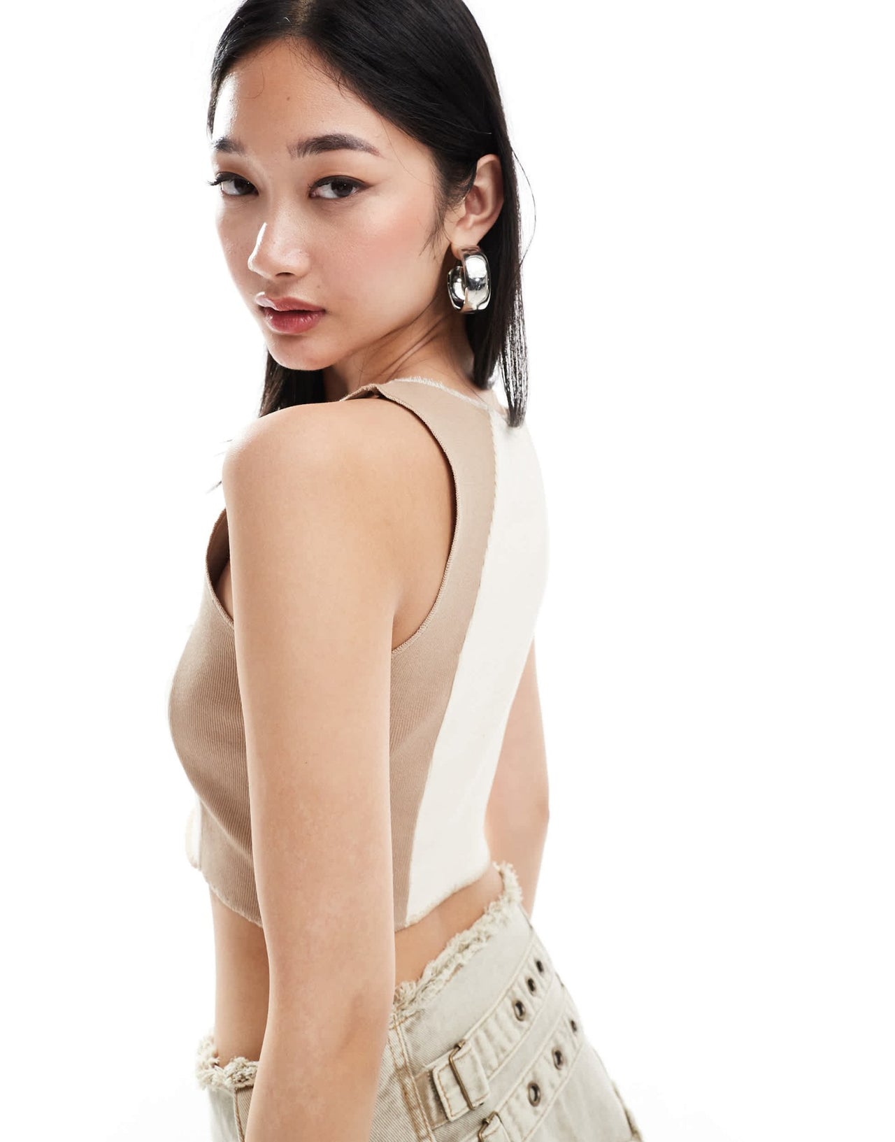 Denim Project seam detail crop tank top in beige and white - ASOS Sample Sale