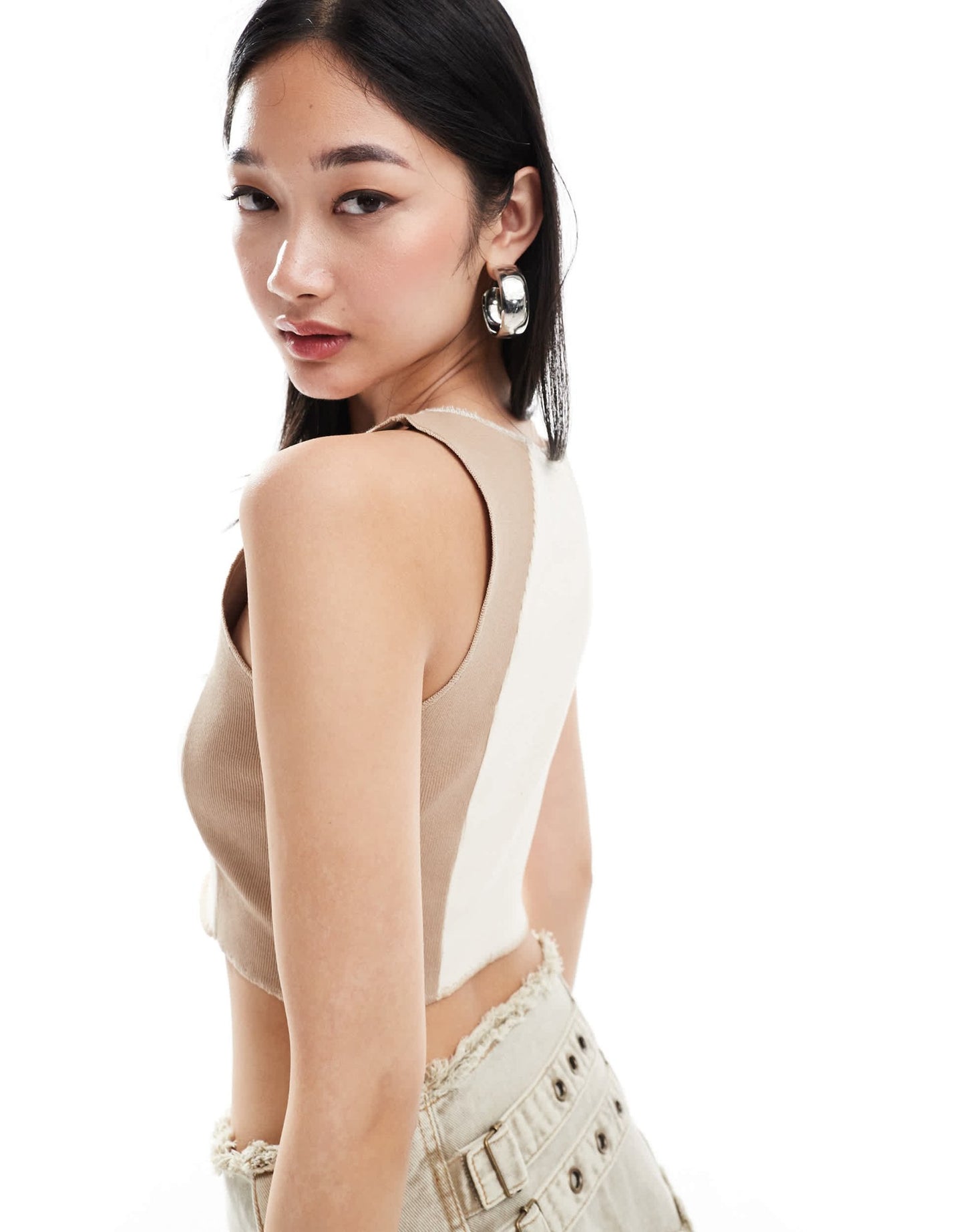 Denim Project seam detail crop tank top in beige and white - ASOS Sample Sale