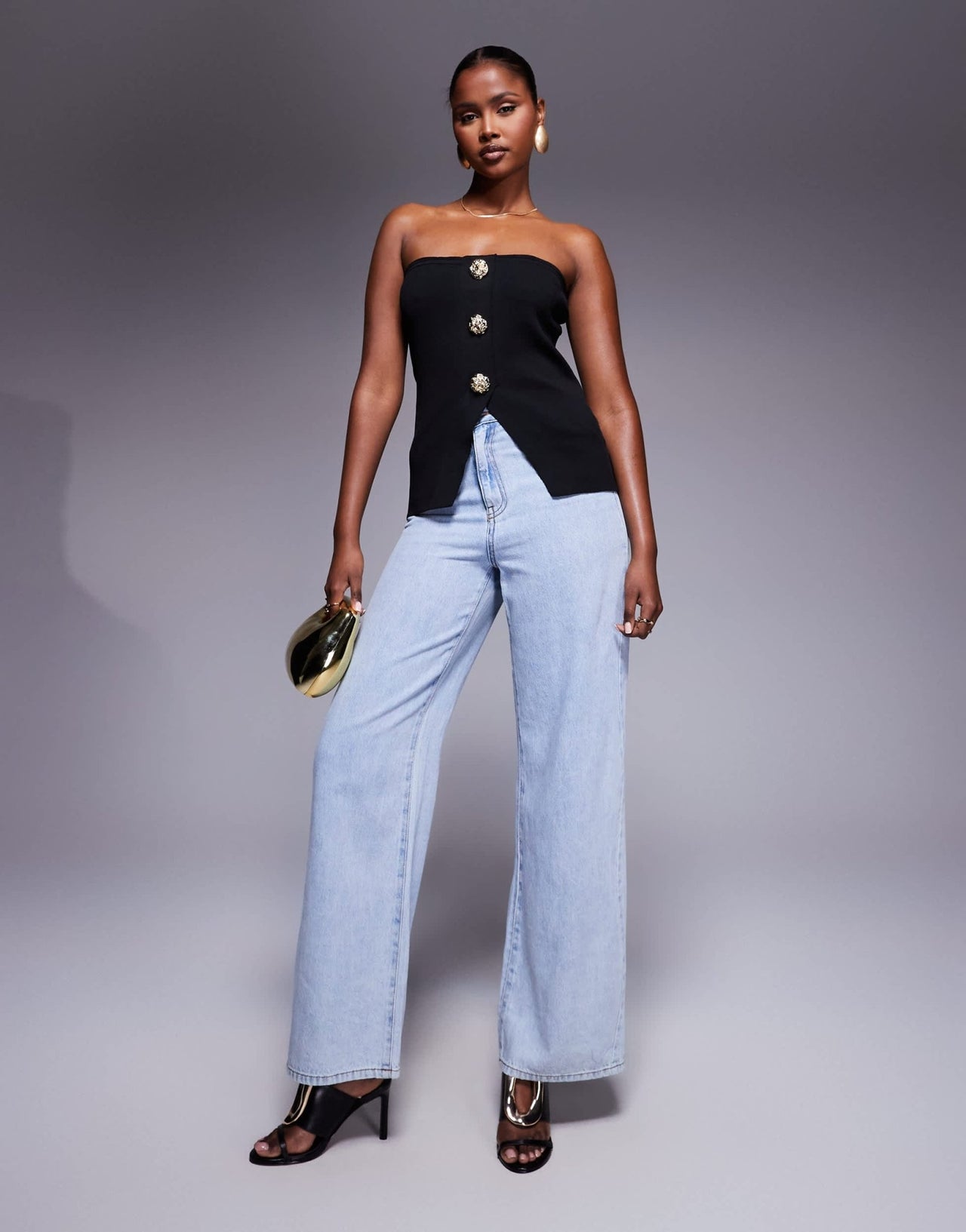 DESIGN knitted button front bandeau with gold buttons in black - ASOS Sample Sale