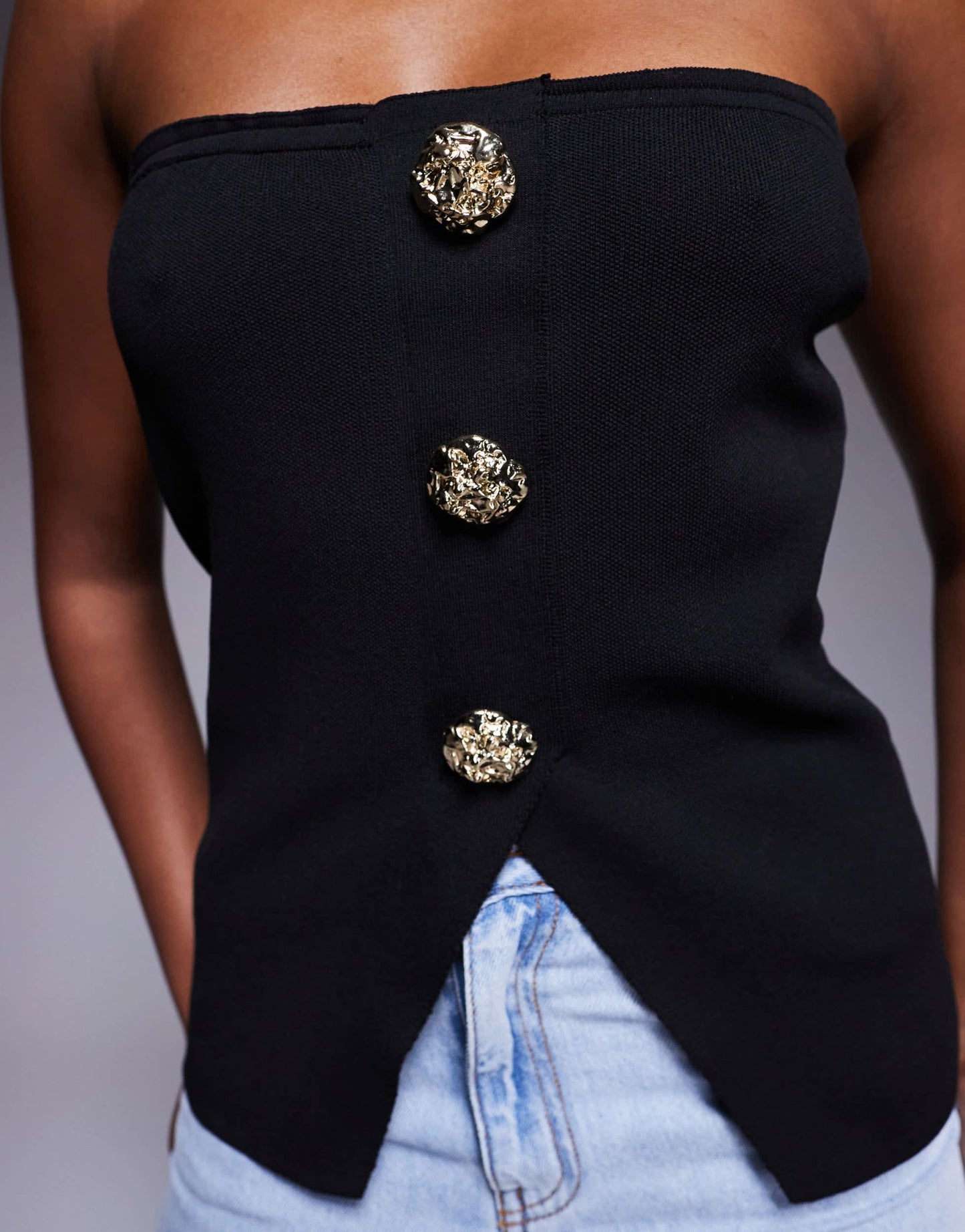 DESIGN knitted button front bandeau with gold buttons in black - ASOS Sample Sale