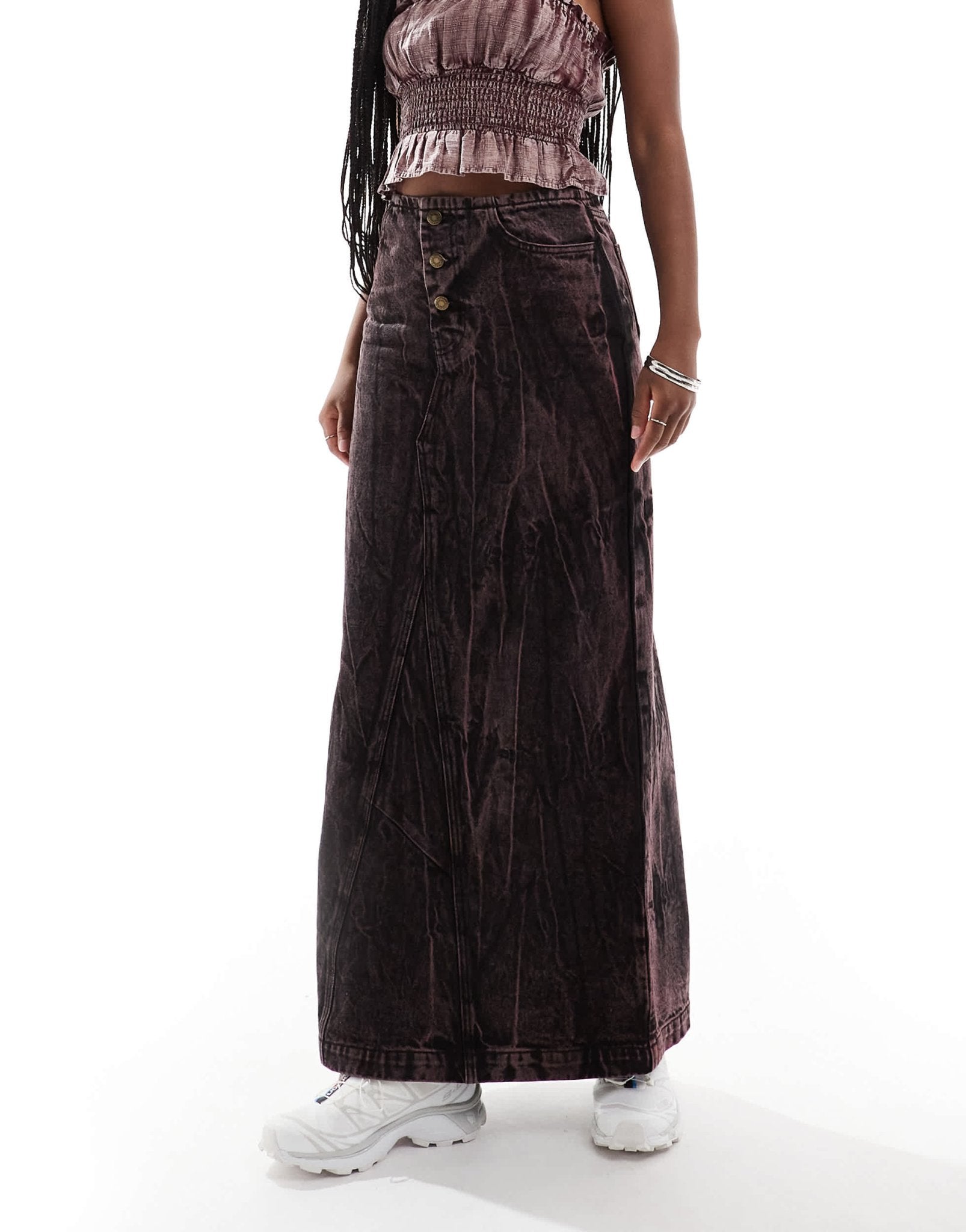 Deus Ex Machina X ASOS exclusive acid wash denim maxi skirt in brown - ASOS Sample Sale
