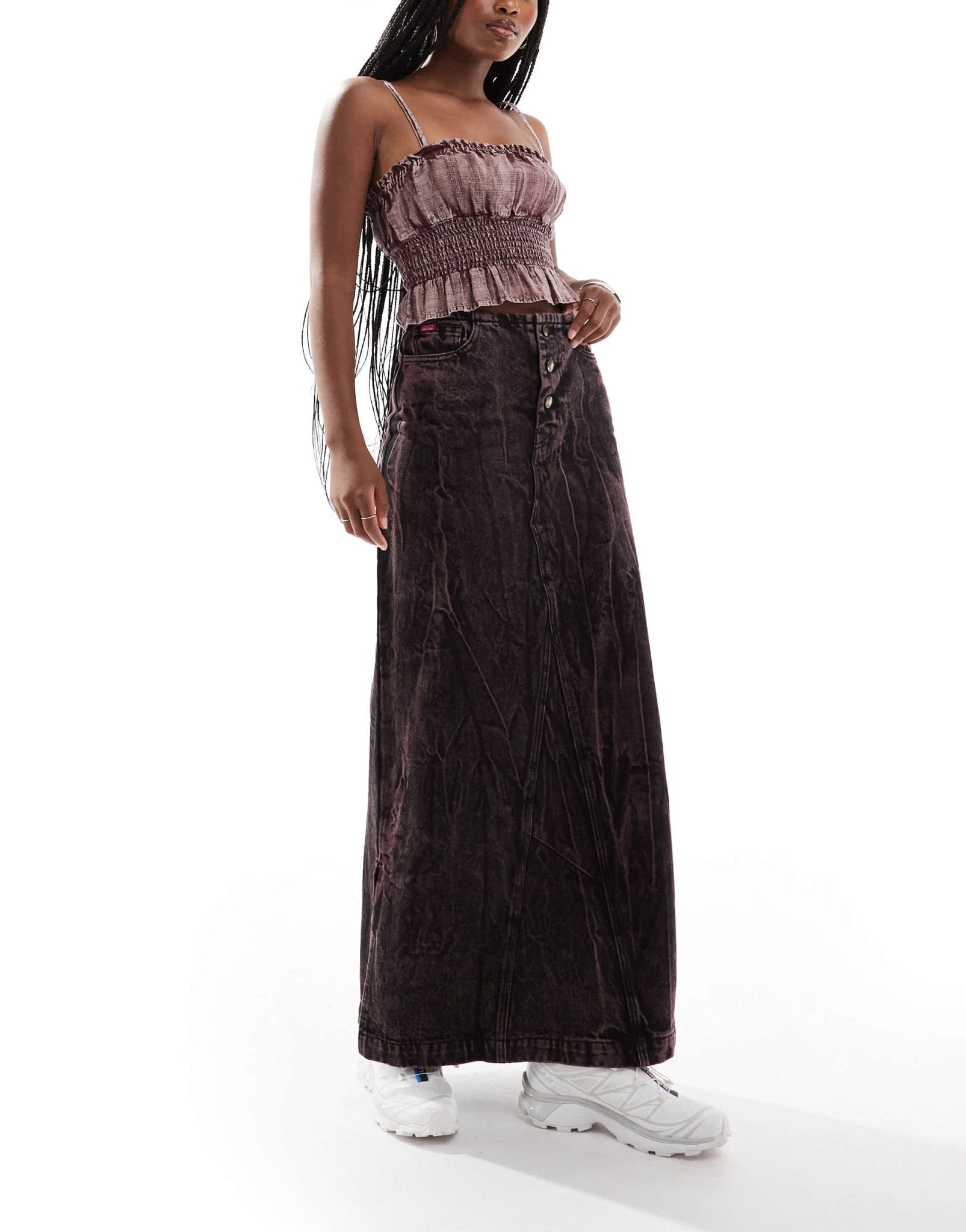 Deus Ex Machina X ASOS exclusive acid wash denim maxi skirt in brown - ASOS Sample Sale