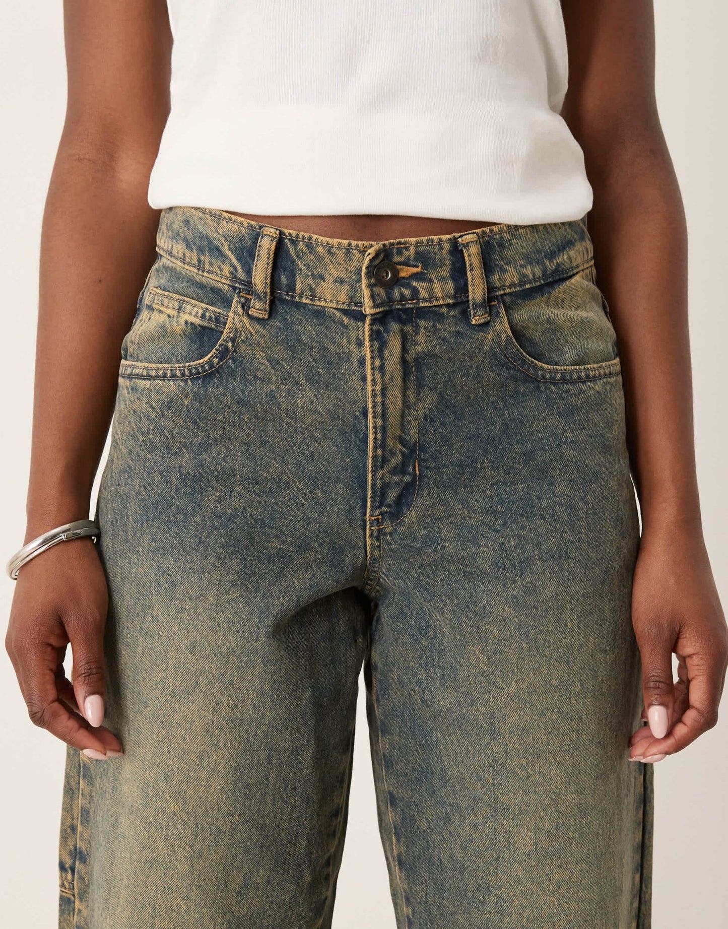 Dickies herndon mid rise loose wide leg denim jeans in indigo with yellow fade - ASOS Sample Sale