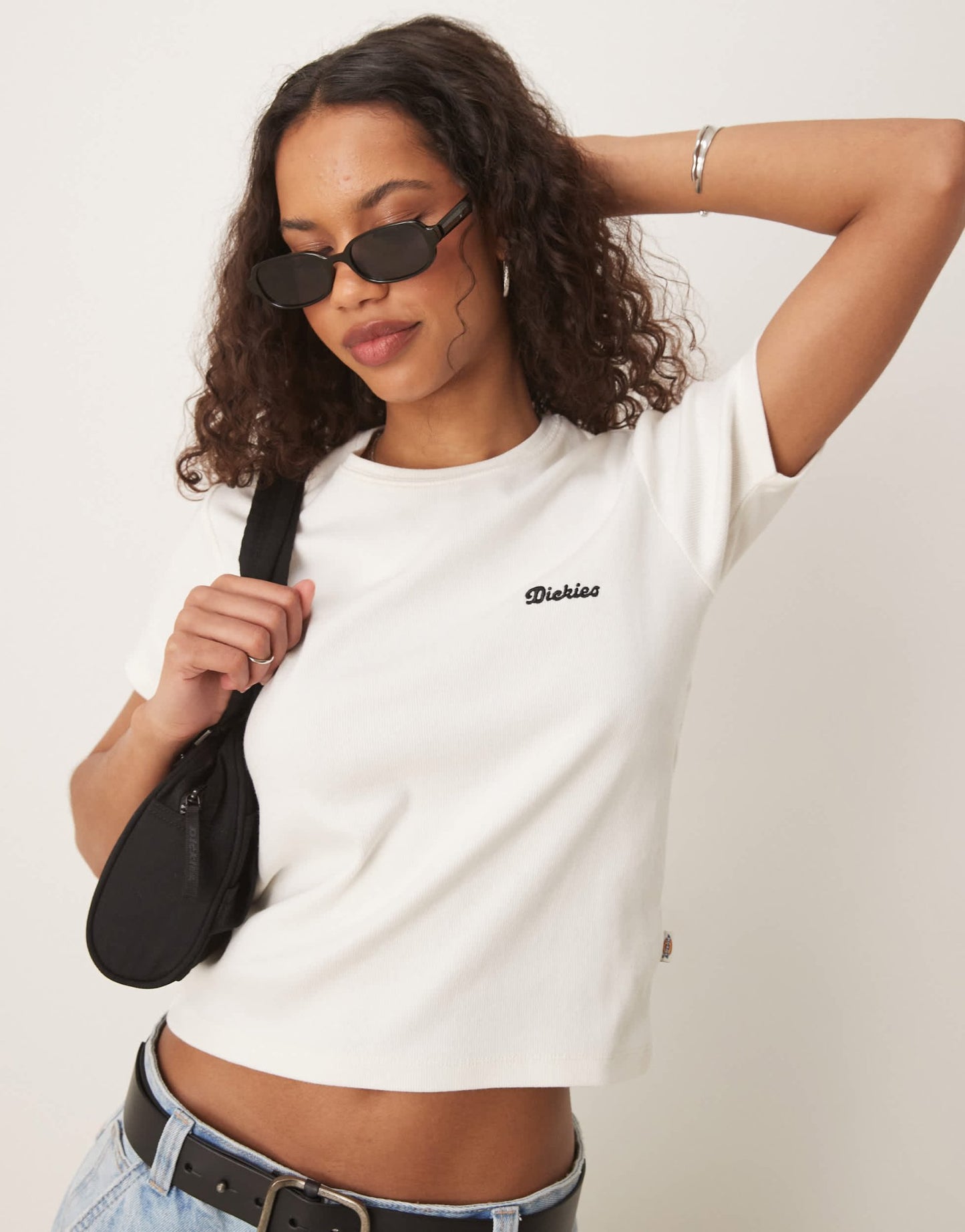 Dickies lewistown embroidered logo long line baby tee in off white - ASOS Sample Sale