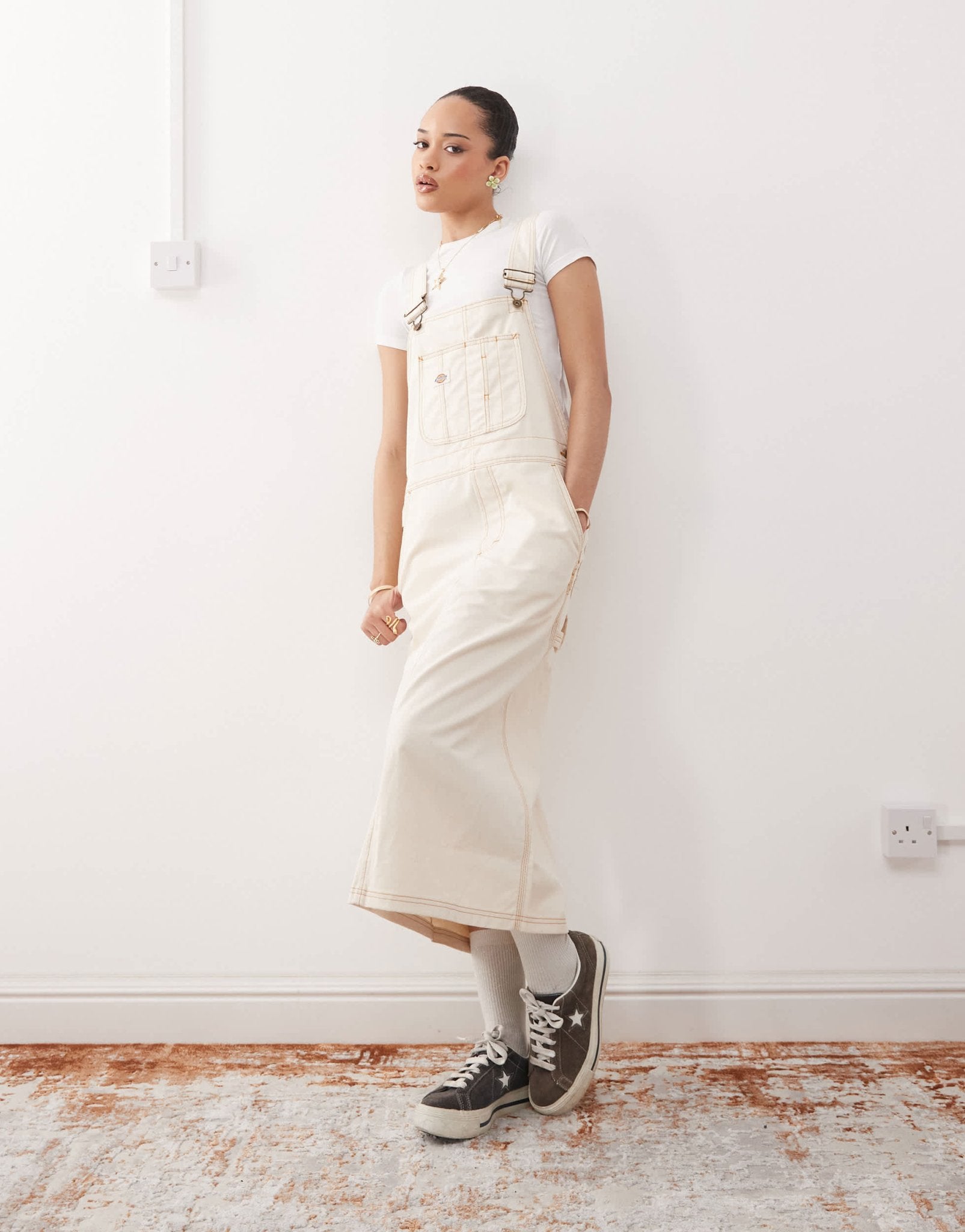 Dickies long overall denim dungaree dress in off white - ASOS Sample Sale