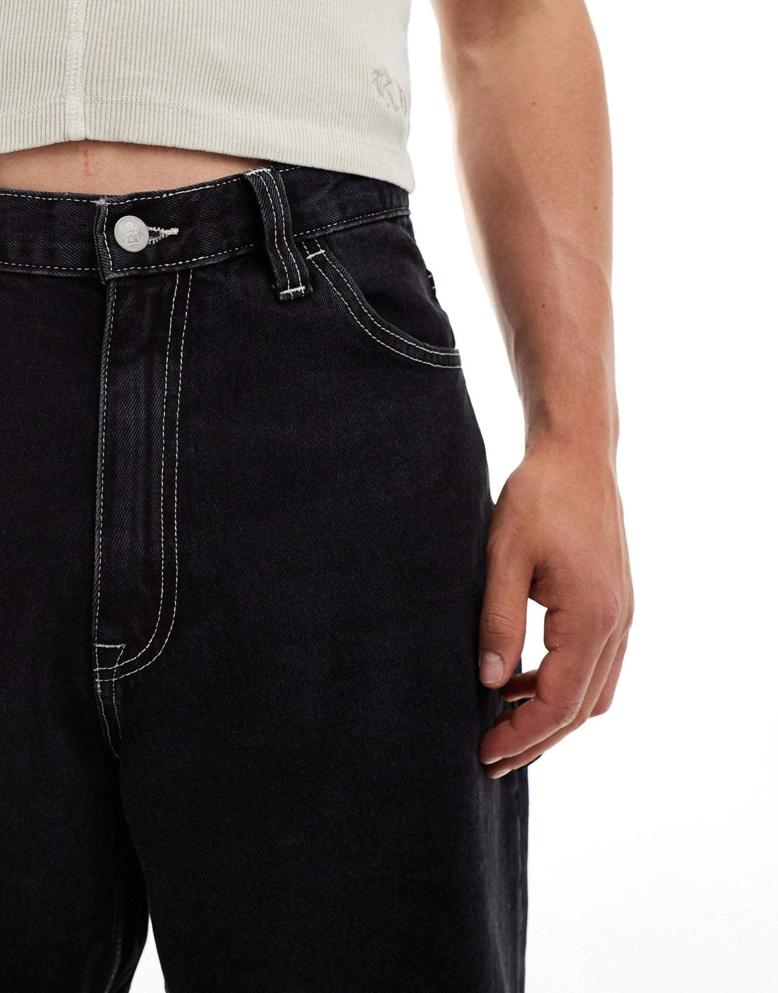 Dr Denim Colt Worker baggy fit mid waist wide leg with workwear detail in black used contract wash - ASOS Sample Sale