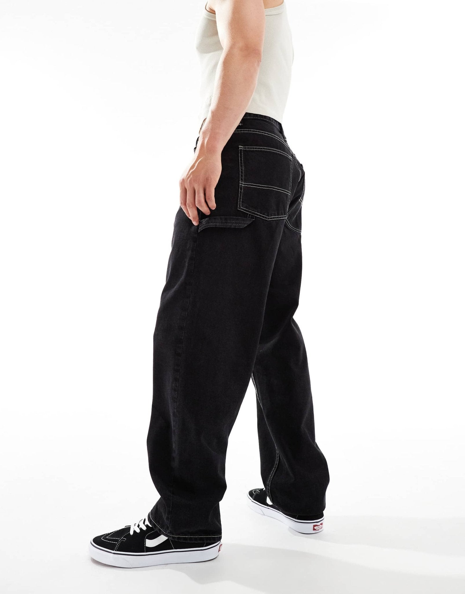 Dr Denim Colt Worker baggy fit mid waist wide leg with workwear detail in black used contract wash - ASOS Sample Sale
