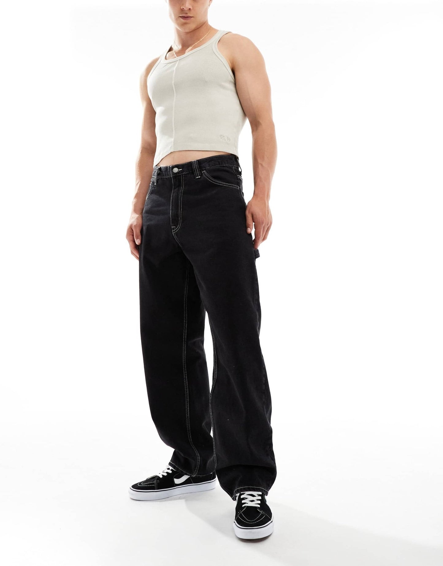 Dr Denim Colt Worker baggy fit mid waist wide leg with workwear detail in black used contract wash - ASOS Sample Sale