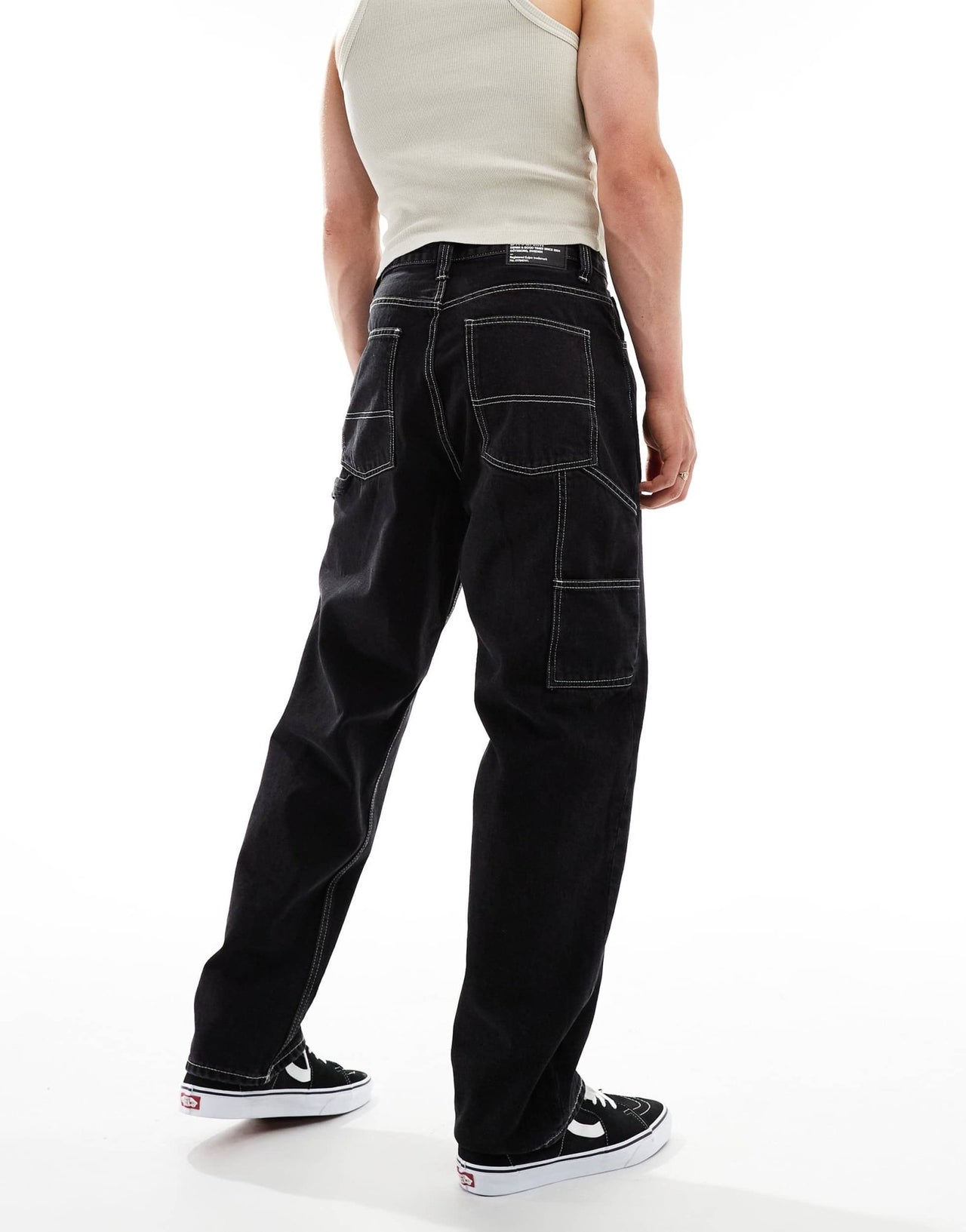 Dr Denim Colt Worker baggy fit mid waist wide leg with workwear detail in black used contract wash - ASOS Sample Sale