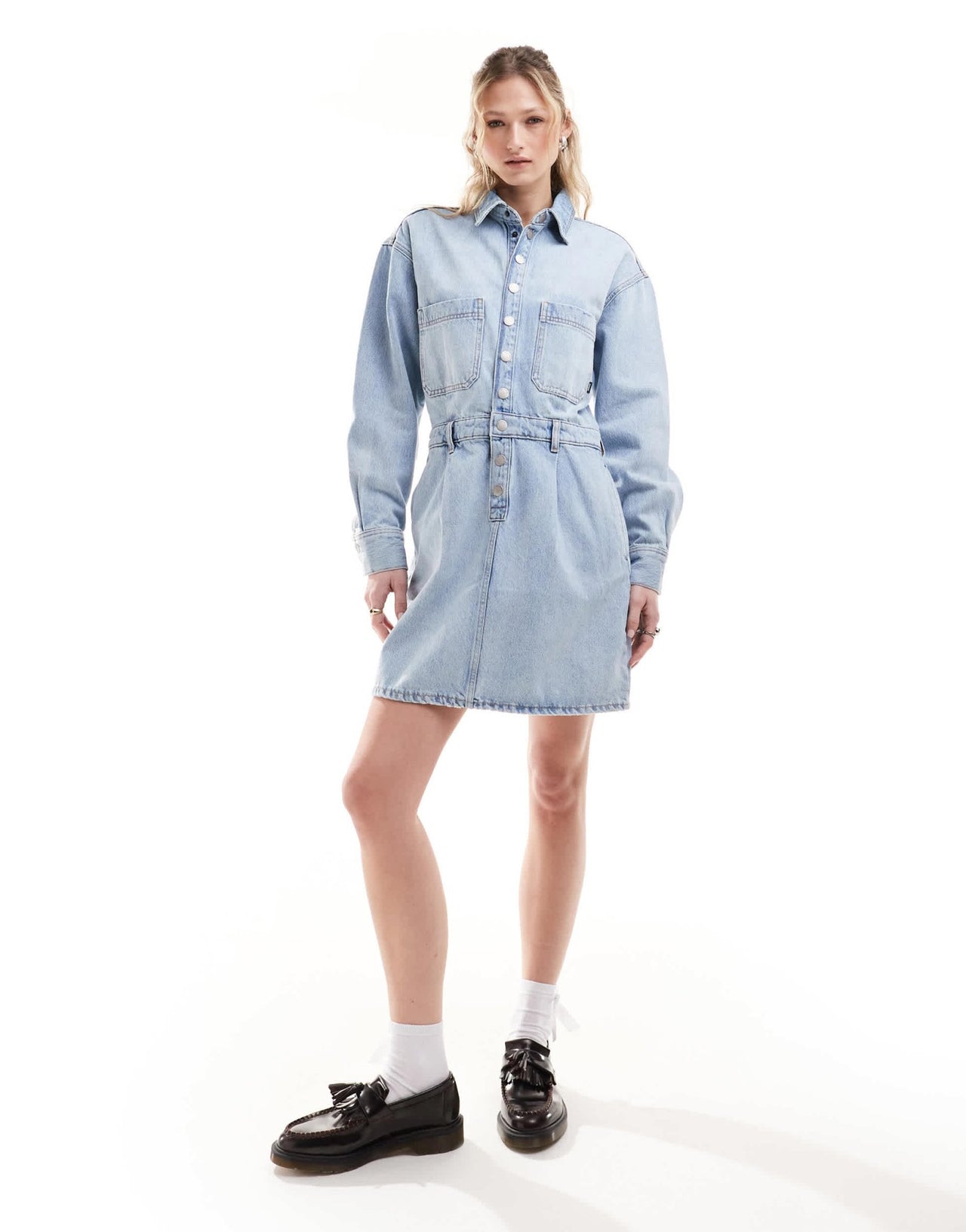 Dr Denim Teegan long sleeve relaxed fit mini denim dress in stream light worn wash - ASOS Sample Sale