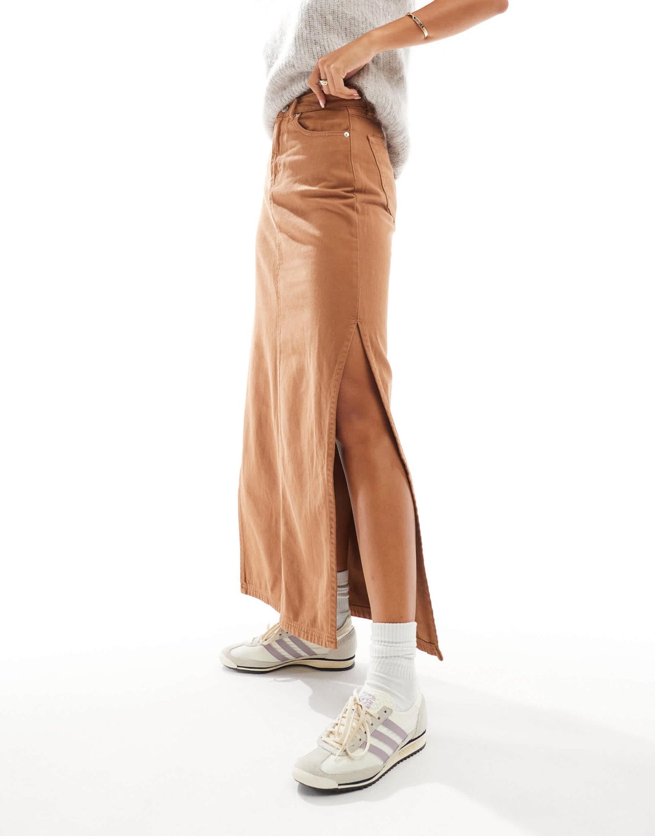 DTT denim maxi skirt with side split in tan - ASOS Sample Sale