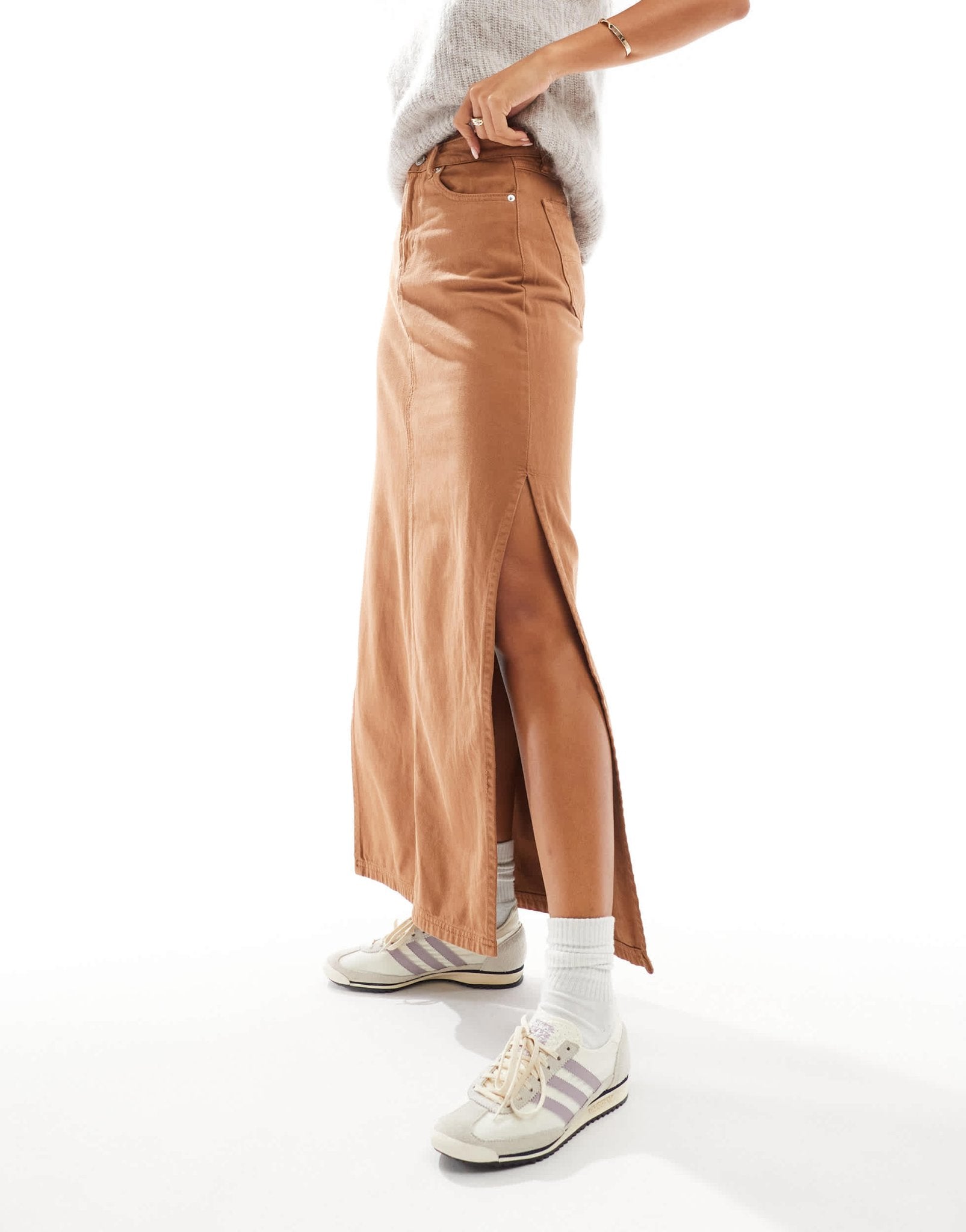 DTT denim maxi skirt with side split in tan - ASOS Sample Sale