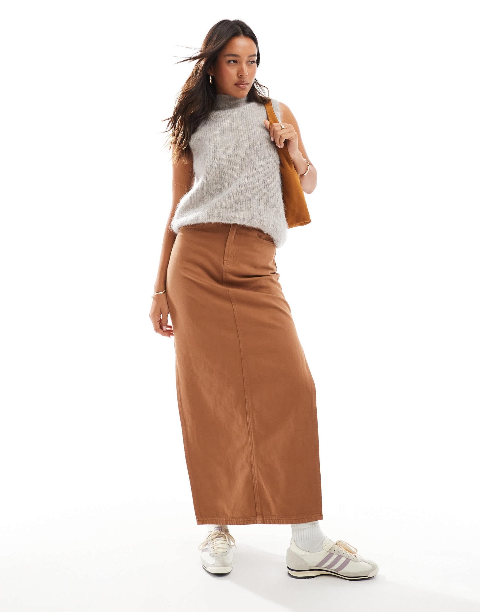 DTT denim maxi skirt with side split in tan - ASOS Sample Sale
