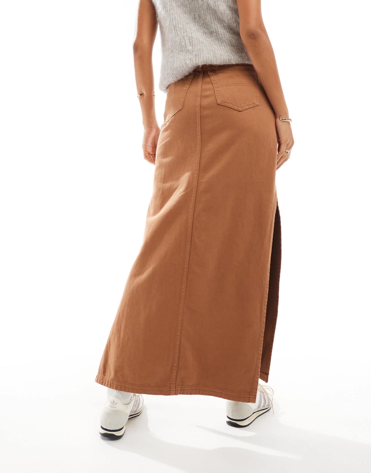 DTT denim maxi skirt with side split in tan - ASOS Sample Sale