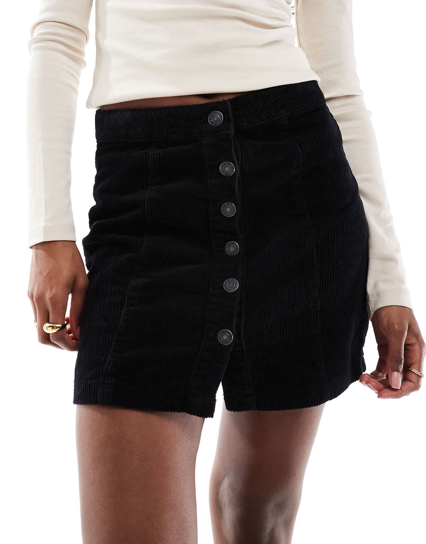DTT Jordan cord button front mini skirt in black - ASOS Sample Sale