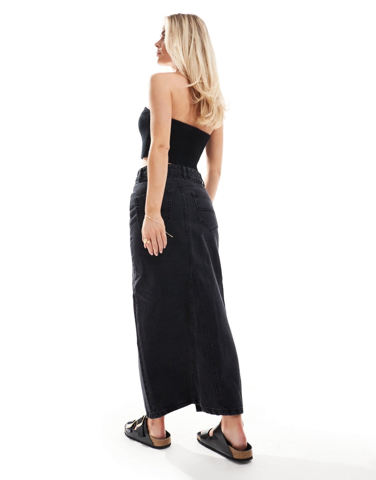 DTT Petite denim midi skirt with front split in black - ASOS Sample Sale